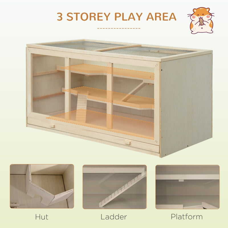 Hamster Cage with Tray, Openable Top, Exercise Play House, Natural Wood