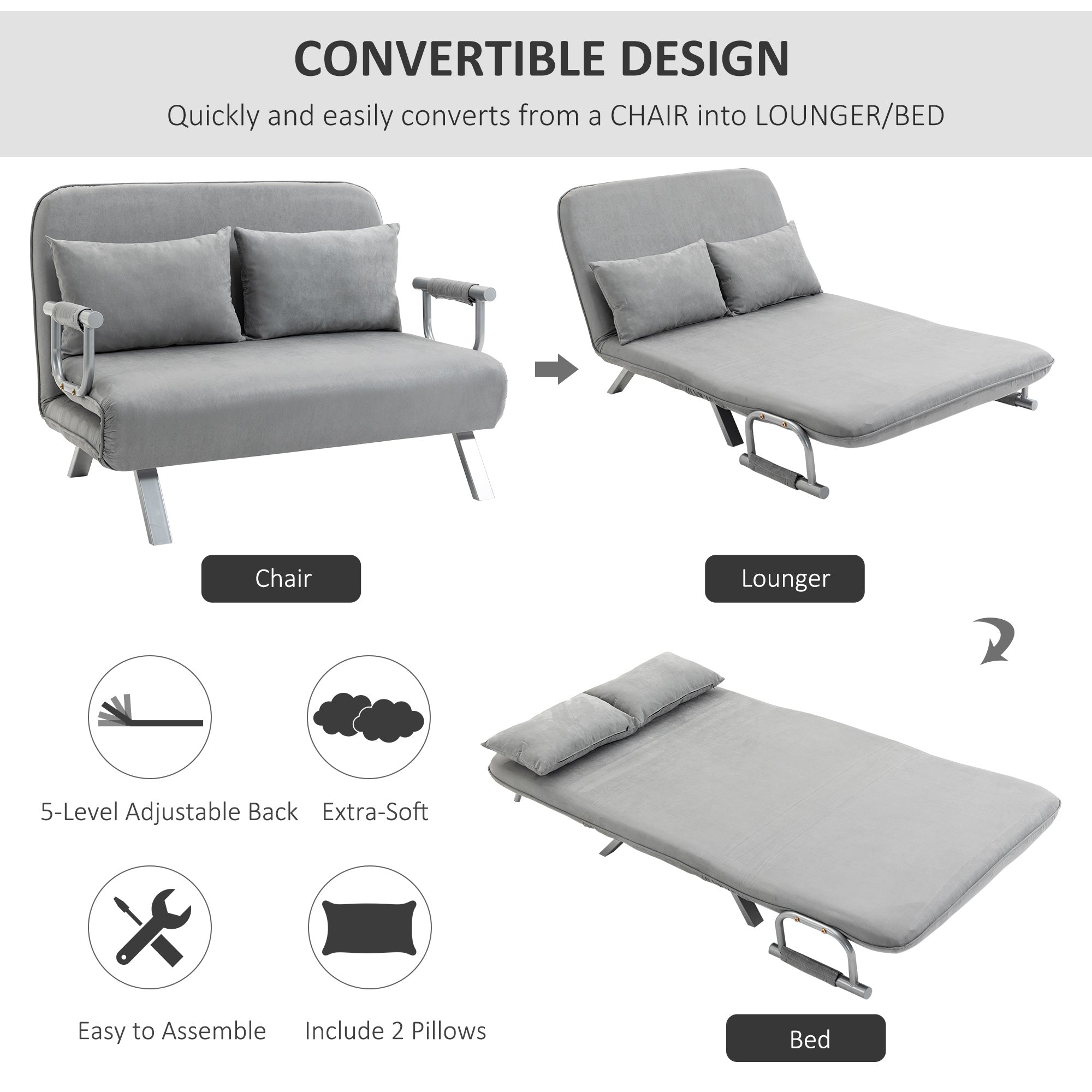 Two-Seater Sofa Bed Click-Clack Light Grey