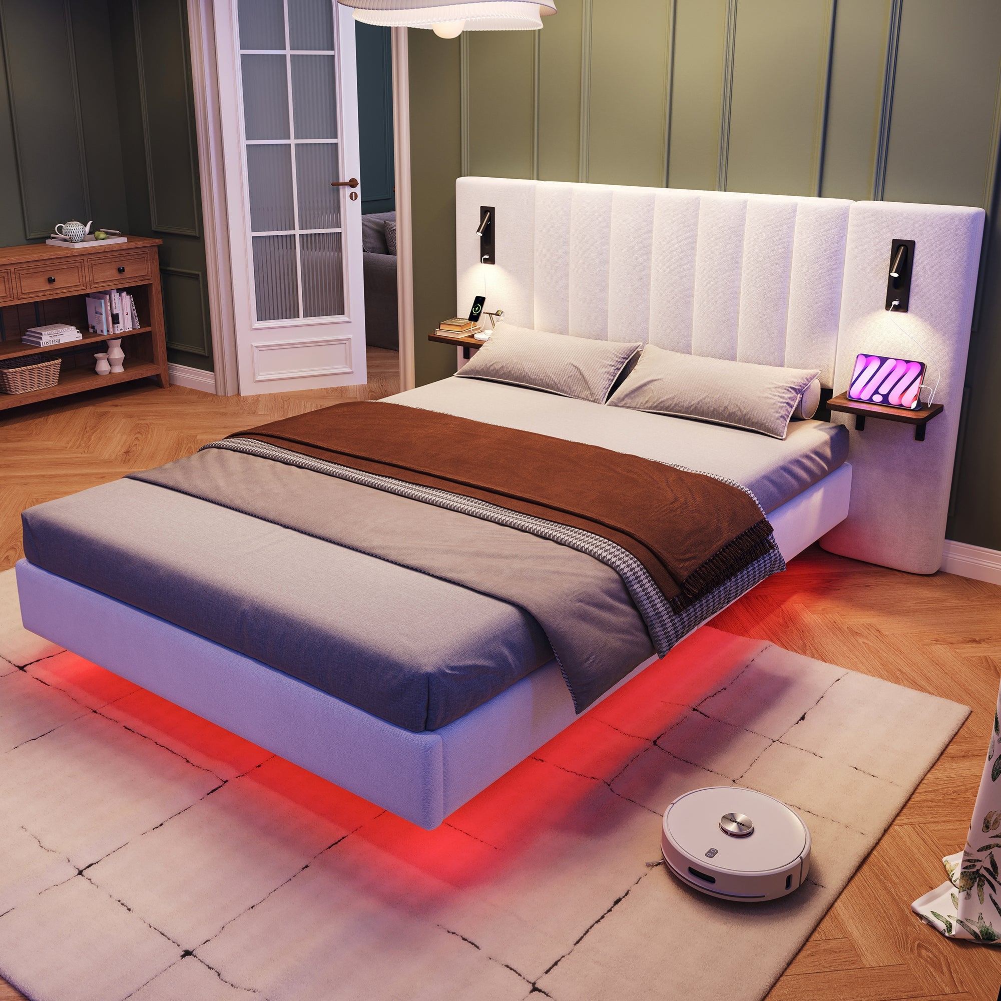 Upholstered Bed, 4ft6 Double, 2 Bedside Lamps, Headboard Storage & Charging, Velvet+Iron, White