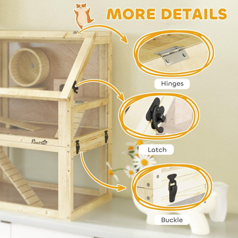 Wooden Hamster Cage, Detachable 32cm Deep Bottom, Hut, Seesaw, Exercise Wheel, Ramp, 60 x 40 x 75cm, Natural