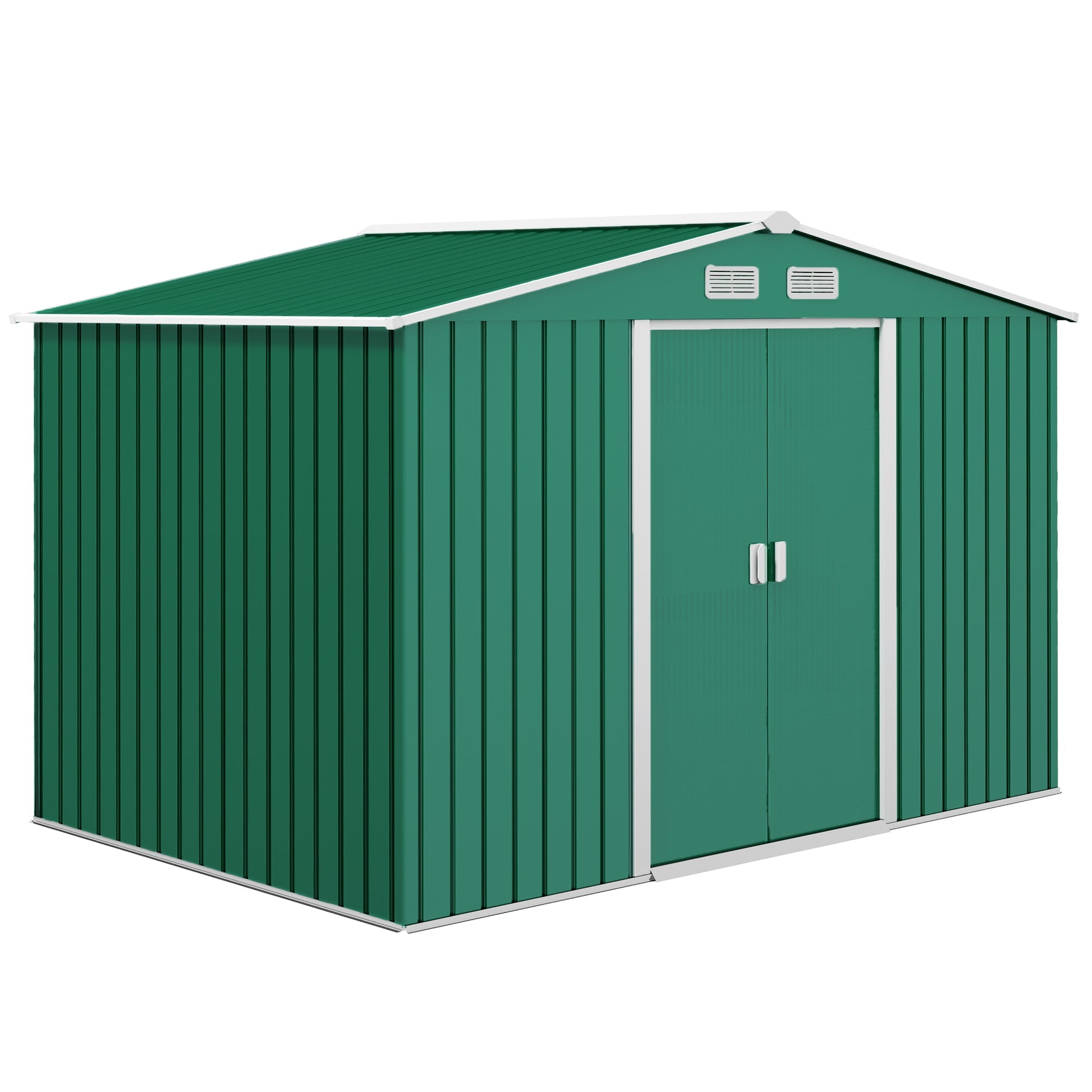 9 x 6ft Metal Garden Shed, Outdoor Storage Tool House with Ventilation, Foundation Kit & Lockable Double Doors, Green