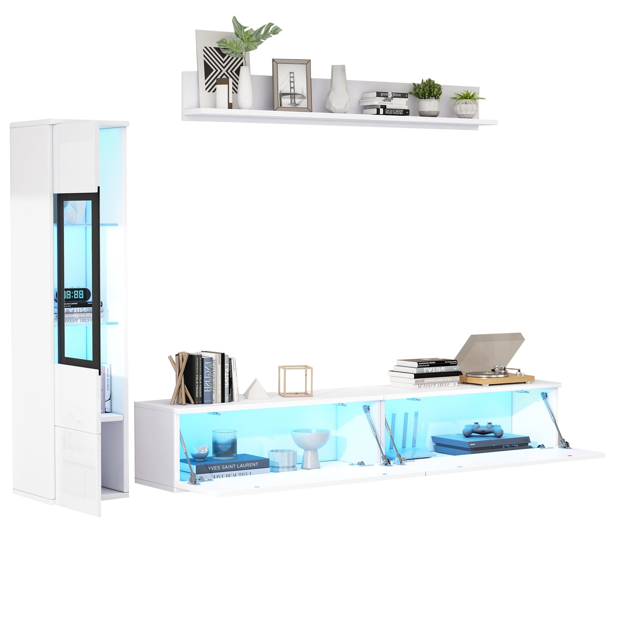 Set of 3 TV Wall Unit, LED TV Stand & Display Cabinet, High Gloss White
