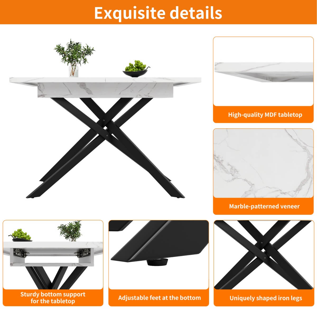 Extendable Dining Table 120–160cm – Space-Saving Telescopic Table with Crossed Metal Legs, Marble Effect Top
