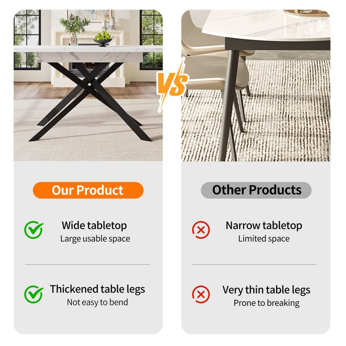 Extendable Dining Table 120–160cm – Space-Saving Telescopic Table with Crossed Metal Legs, Marble Effect Top