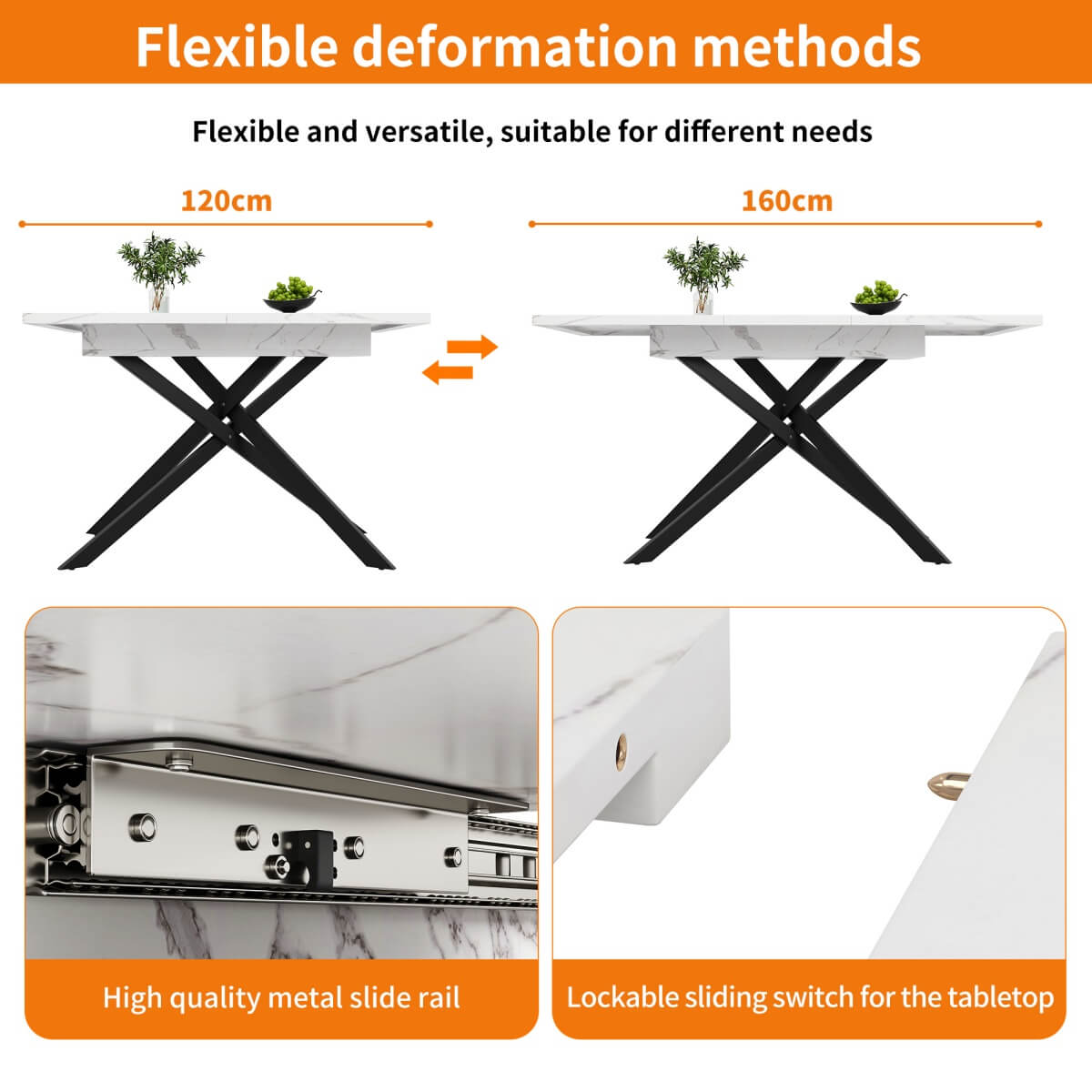 Extendable Dining Table 120–160cm – Space-Saving Telescopic Table with Crossed Metal Legs, Marble Effect Top