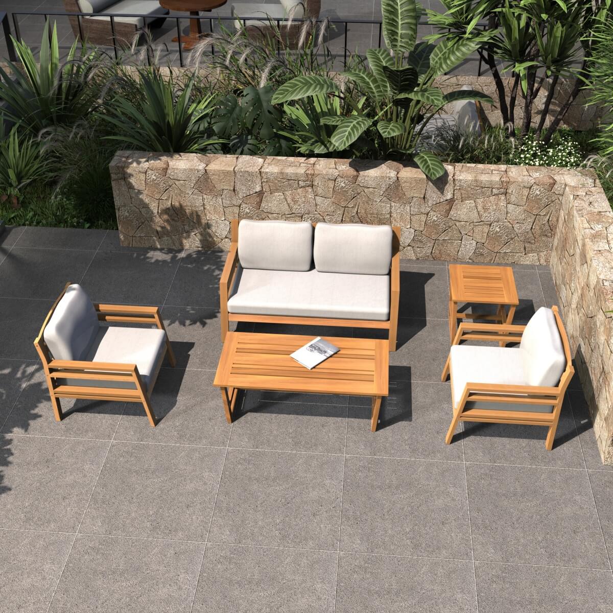 4-Seater Acacia Wood Outdoor Sofa Set – Garden Lounge with Coffee Table and Side Table