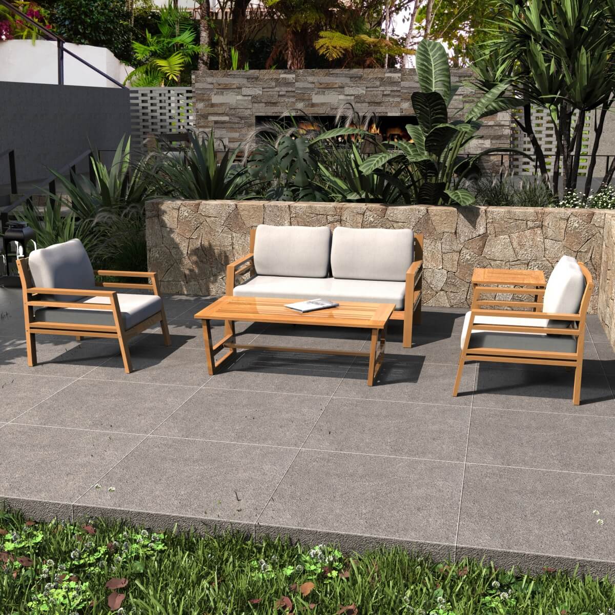 4-Seater Acacia Wood Outdoor Sofa Set – Garden Lounge with Coffee Table and Side Table