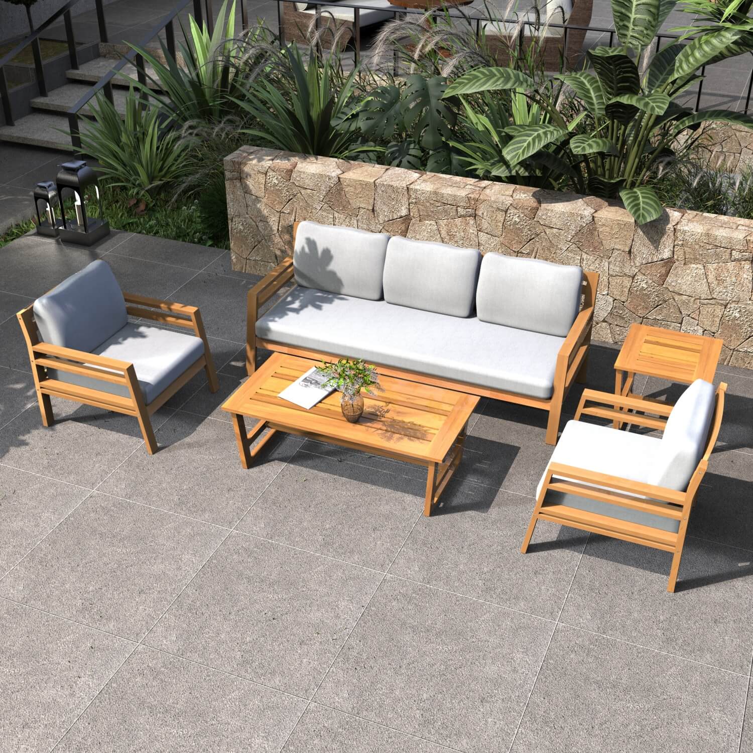 5-Seater Acacia Wood Outdoor Sofa Set – Solid Wood Garden Lounge with Coffee Table and Side Table