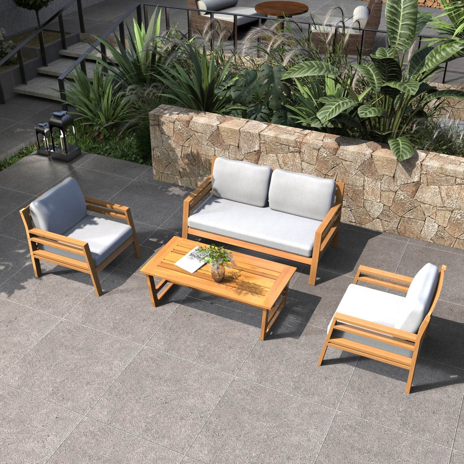 4-Seater Acacia Wood Outdoor Sofa Set – Solid Wood Garden Lounge with Coffee Table
