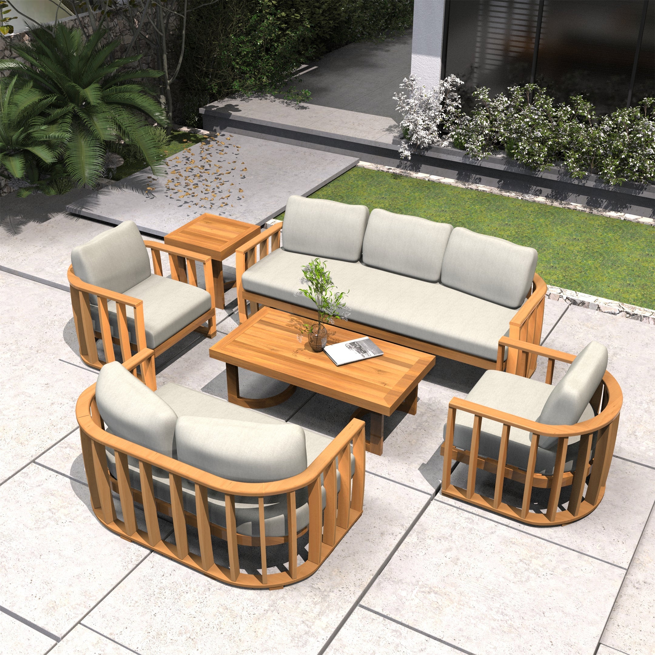 Rebel 7-Seat Wood Patio Conversation Set with Footstool (PAS-2521-3SC+2SC+SC*2+TA+ST)