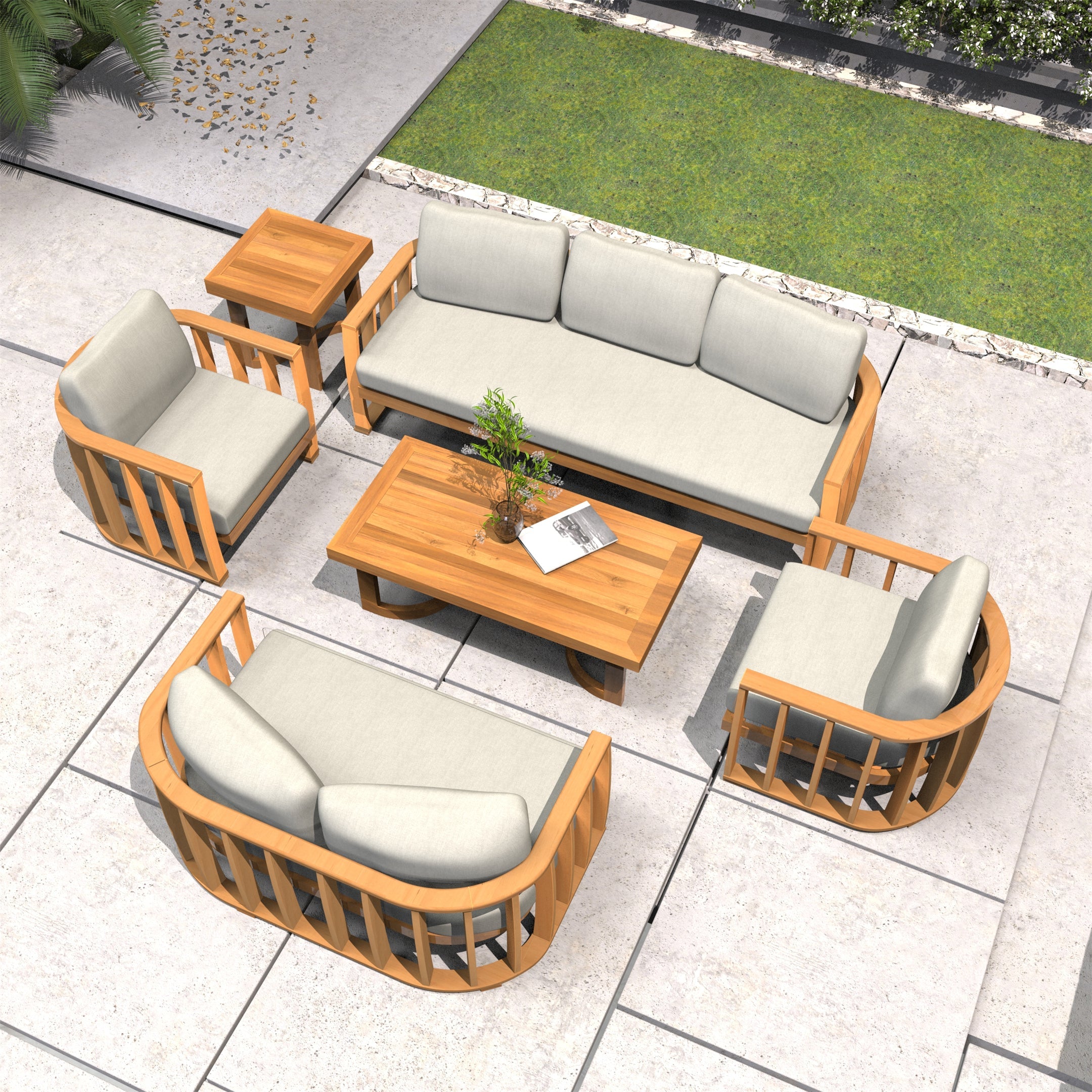 Rebel 7-Seat Wood Patio Conversation Set with Footstool (PAS-2521-3SC+2SC+SC*2+TA+ST)