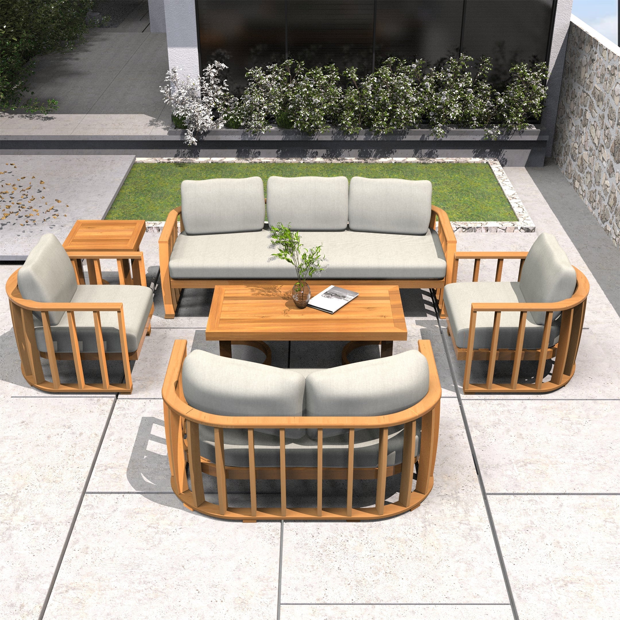 Rebel 7-Seat Wood Patio Conversation Set with Footstool (PAS-2521-3SC+2SC+SC*2+TA+ST)