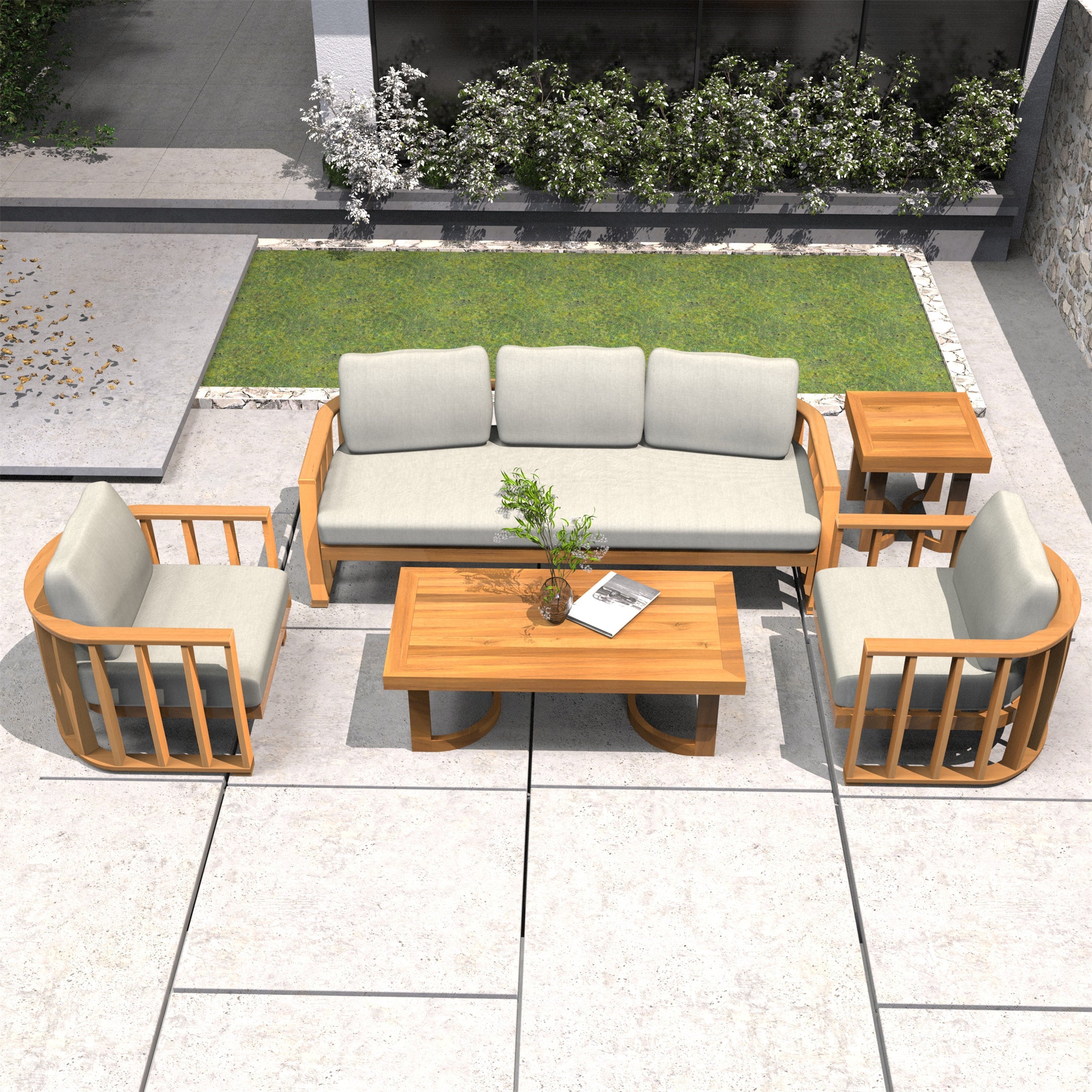 Rebel 5-Seat Wood Patio Conversation Set with Footstool (PAS-2521-3SC+SC*2+TA+ST)