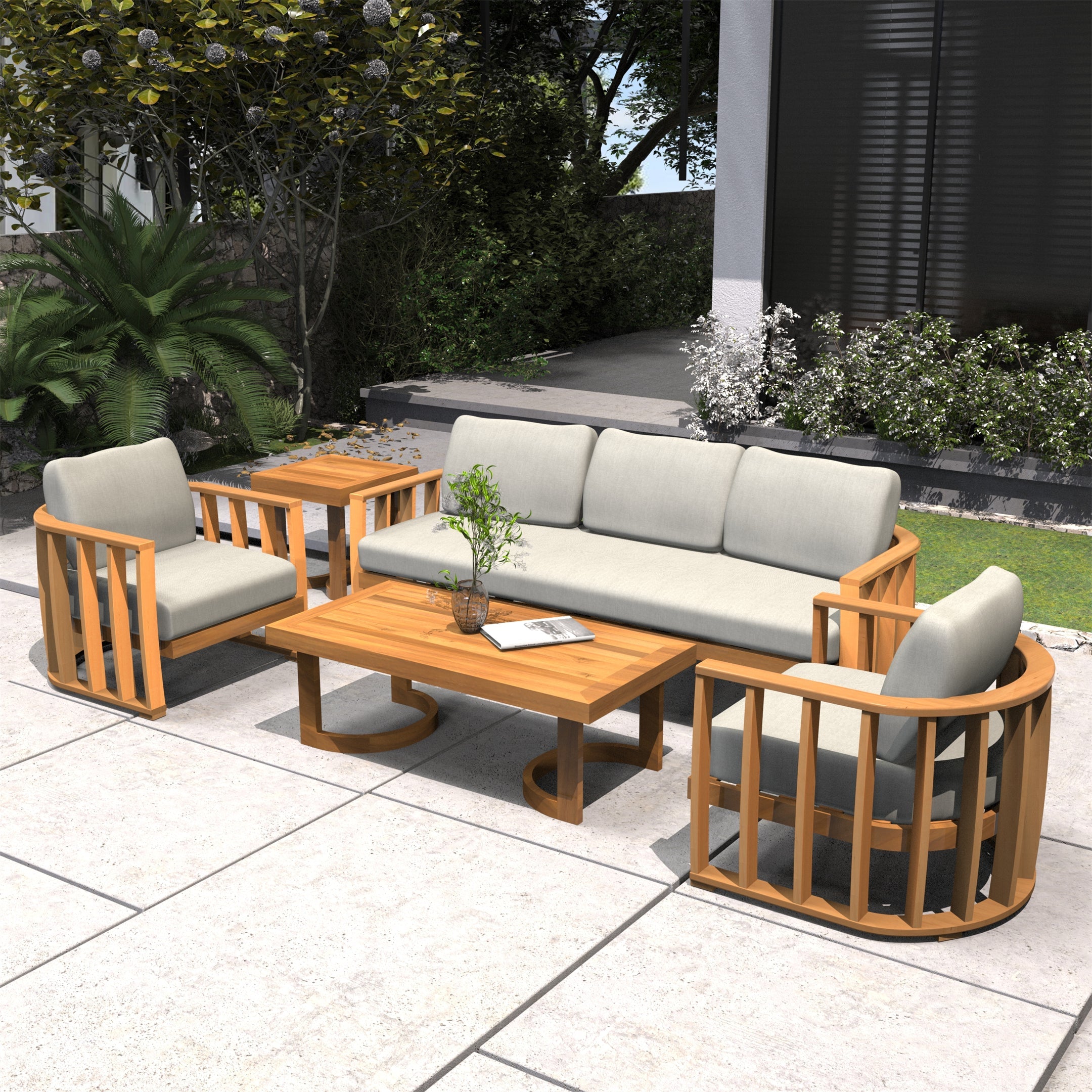 Rebel 5-Seat Wood Patio Conversation Set with Footstool (PAS-2521-3SC+SC*2+TA+ST)