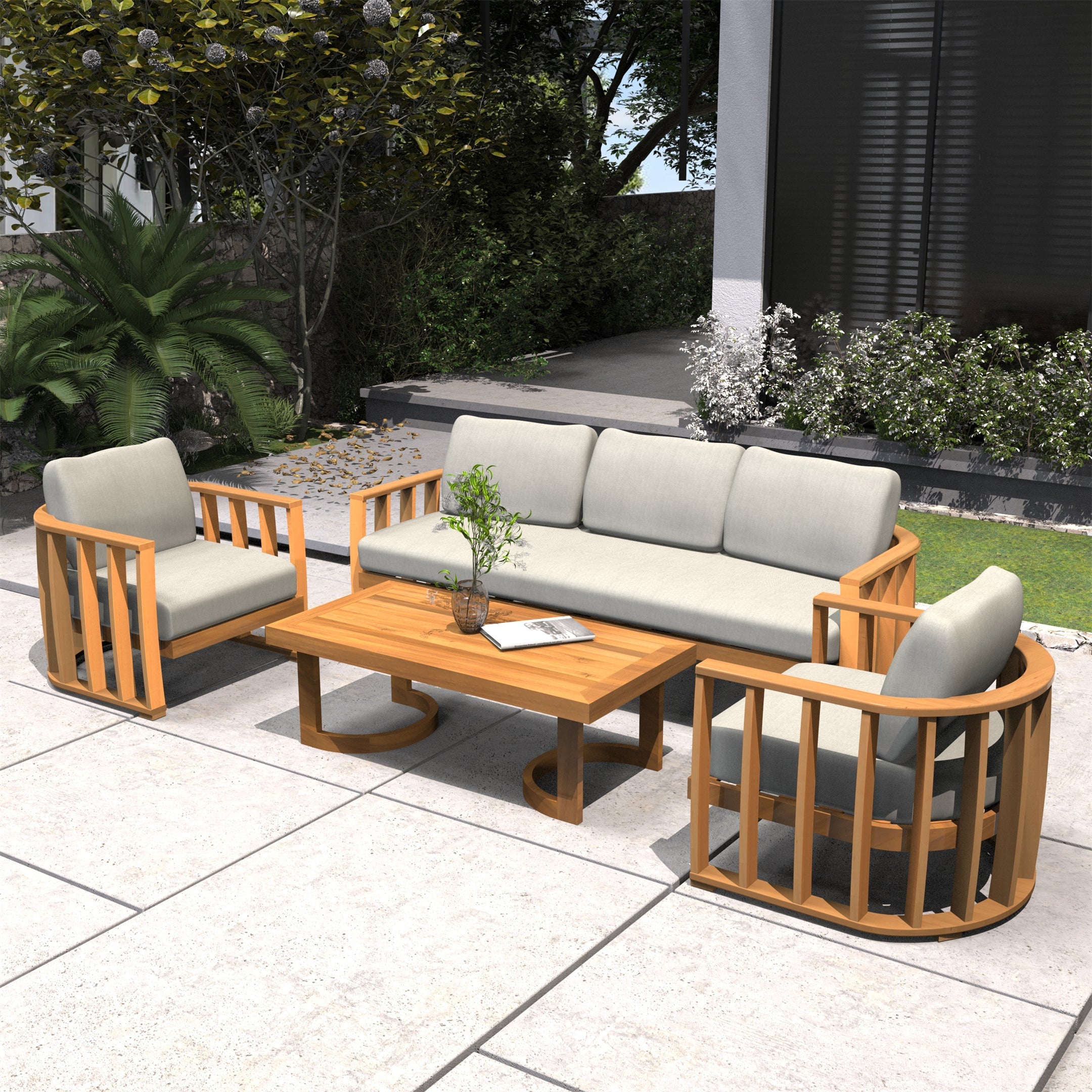 Rebel 5-Seat Wood Patio Conversation Set (PAS-2521-3SC+SC*2+TA)