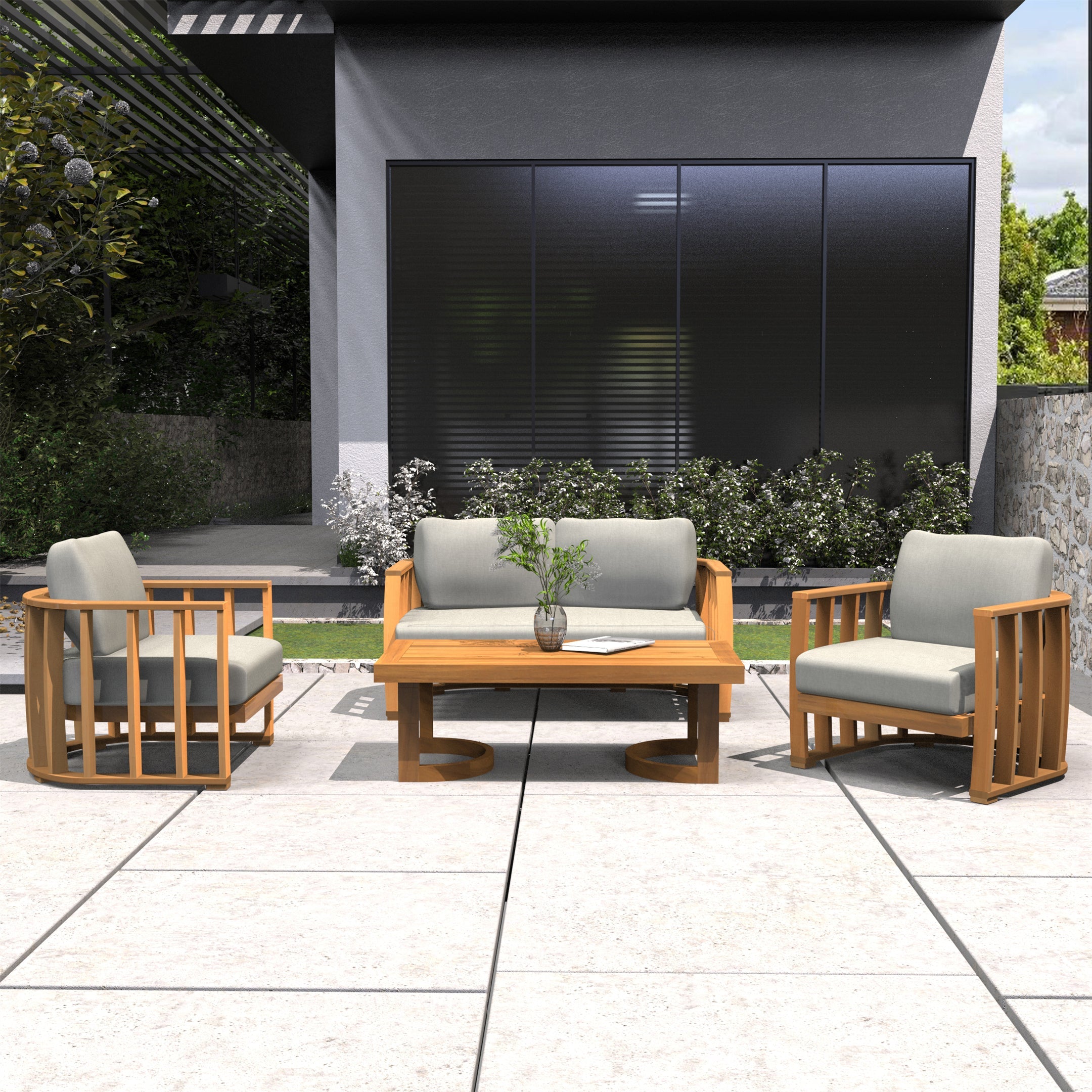 Rebel 4-Seat Wood Patio Conversation Set (PAS-2521-2SC+SC*2+TA)