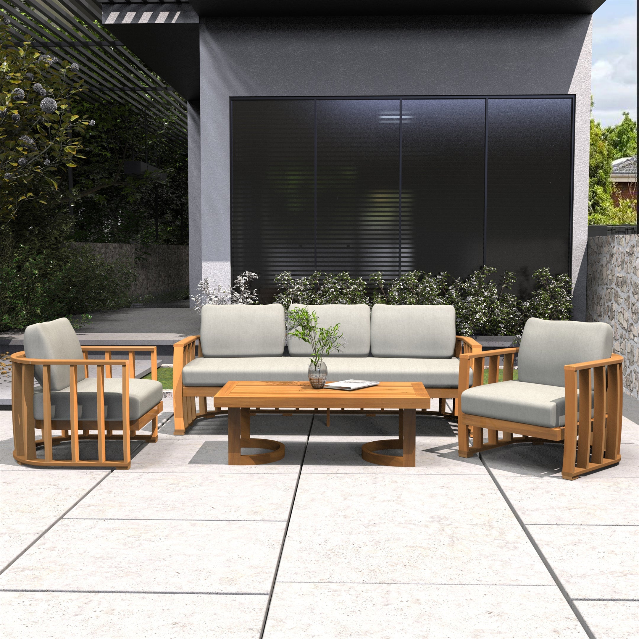 Rebel 5-Seat Wood Patio Conversation Set (PAS-2521-3SC+SC*2+TA)