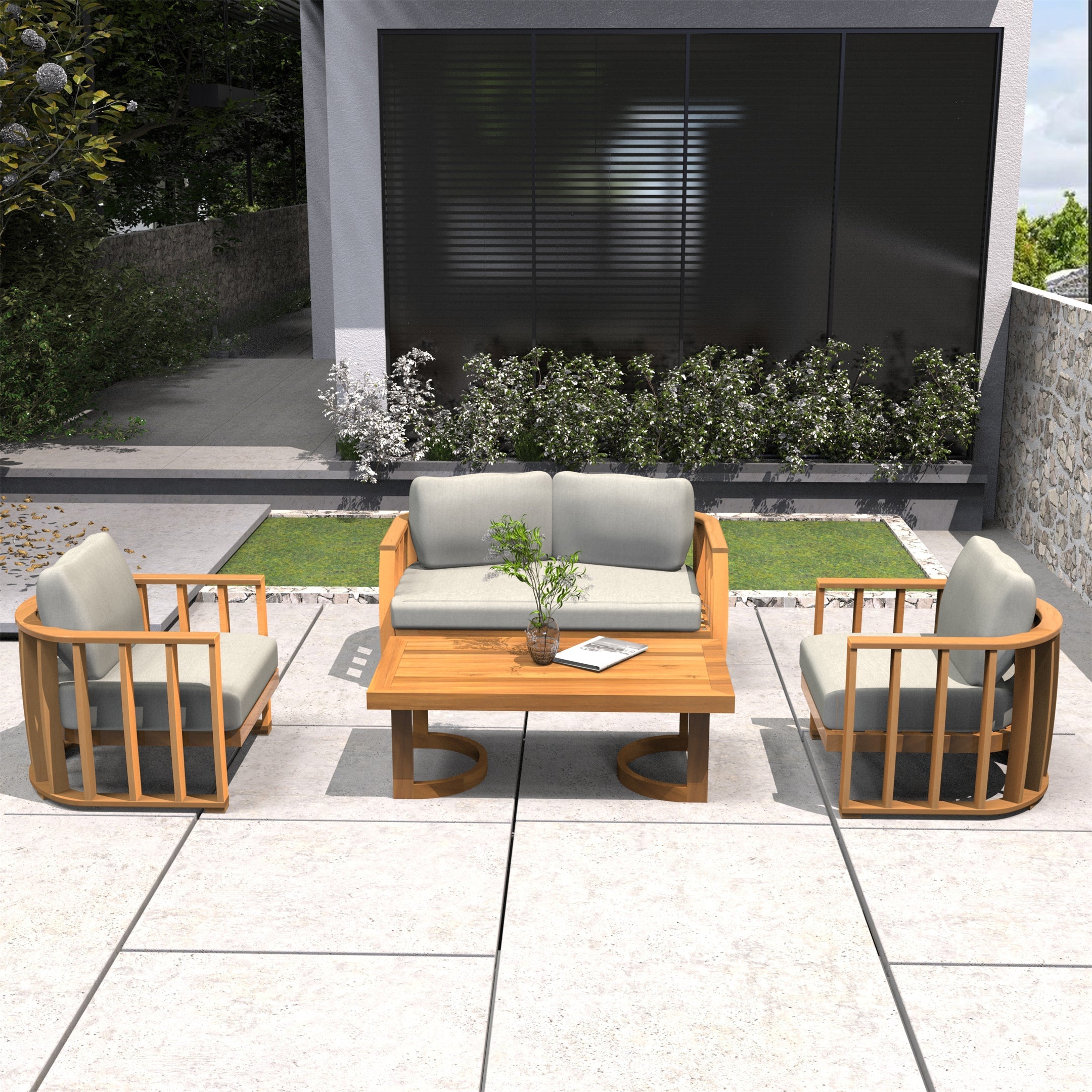 Rebel 4-Seat Wood Patio Conversation Set (PAS-2521-2SC+SC*2+TA)