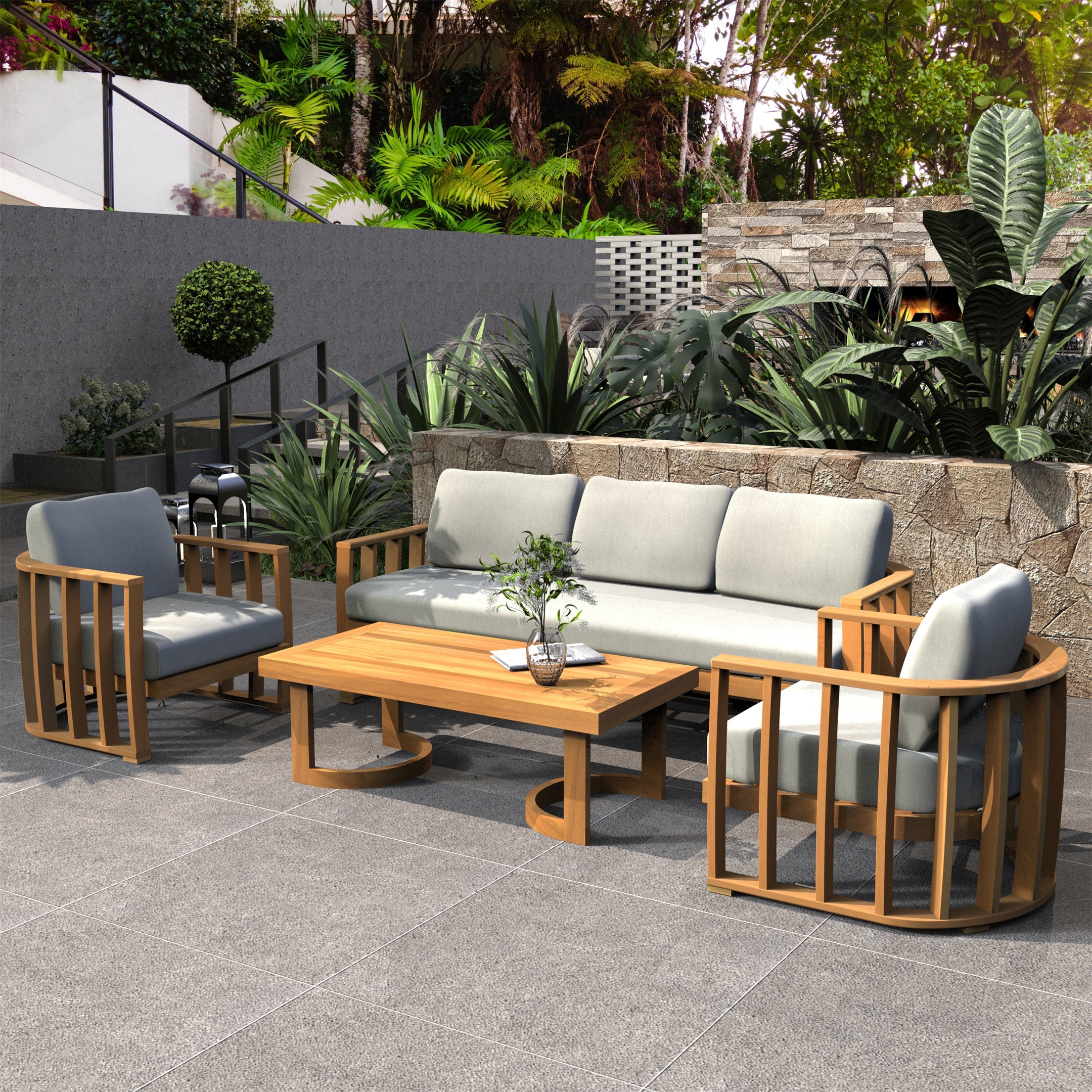 Rebel 5-Seat Wood Patio Conversation Set (PAS-2521-3SC+SC*2+TA)