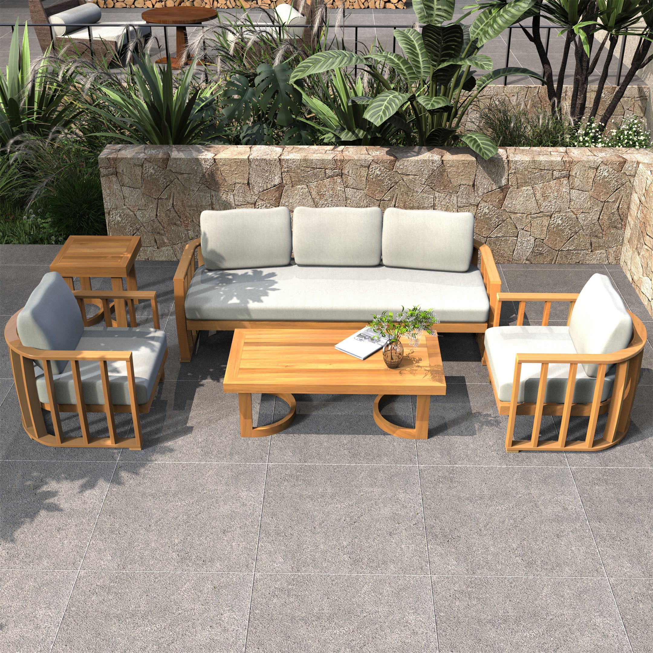 Rebel 5-Seat Wood Patio Conversation Set with Footstool (PAS-2521-3SC+SC*2+TA+ST)