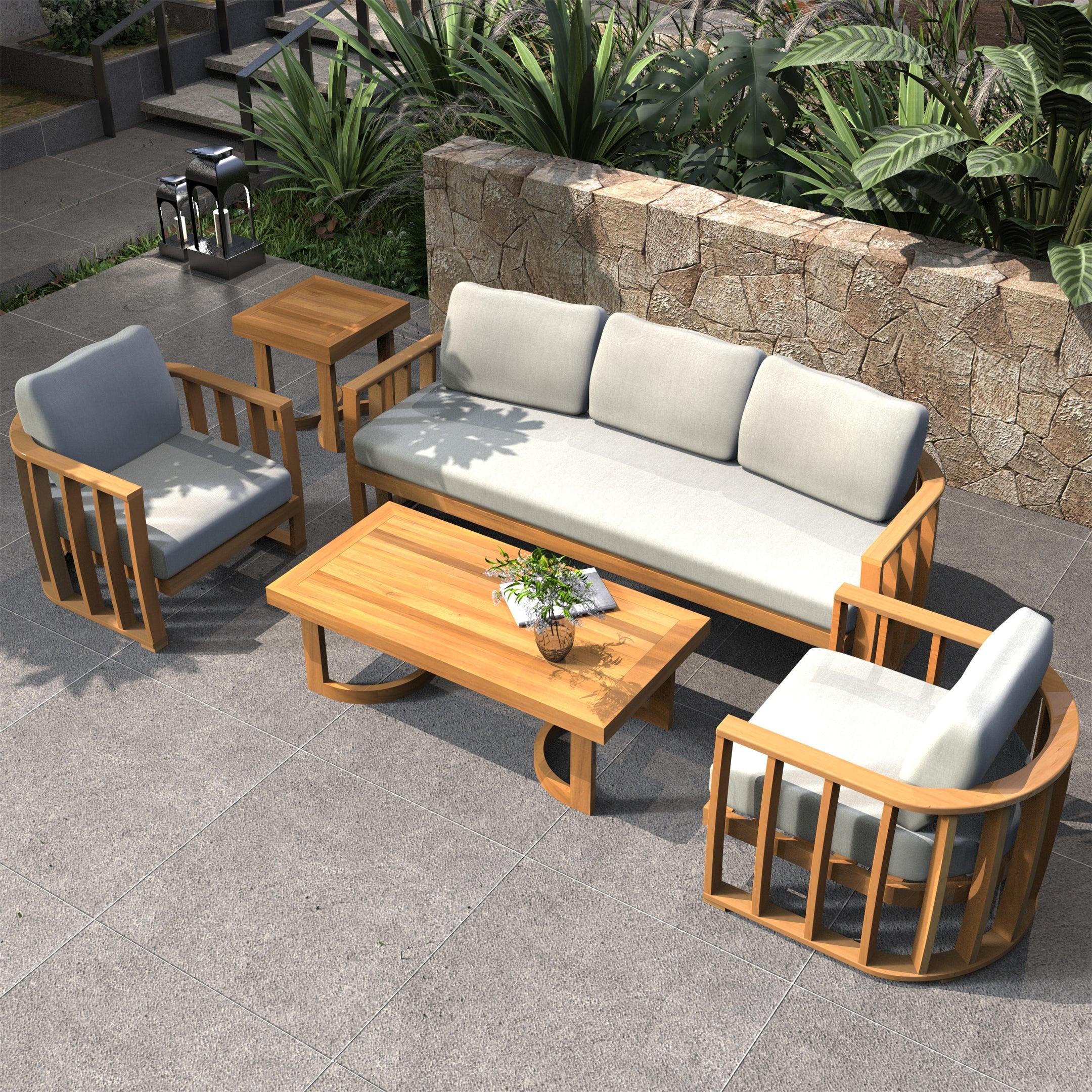 Rebel 5-Seat Wood Patio Conversation Set with Footstool (PAS-2521-3SC+SC*2+TA+ST)