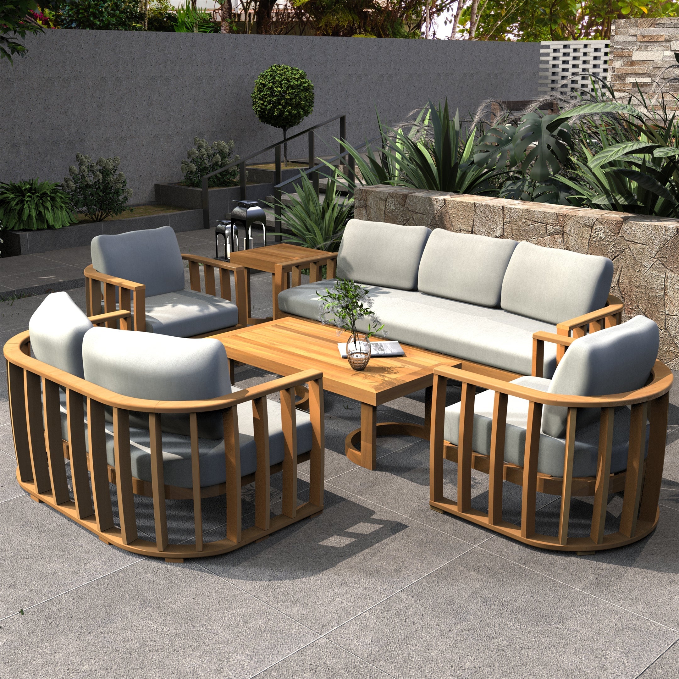 Rebel 7-Seat Wood Patio Conversation Set with Footstool (PAS-2521-3SC+2SC+SC*2+TA+ST)