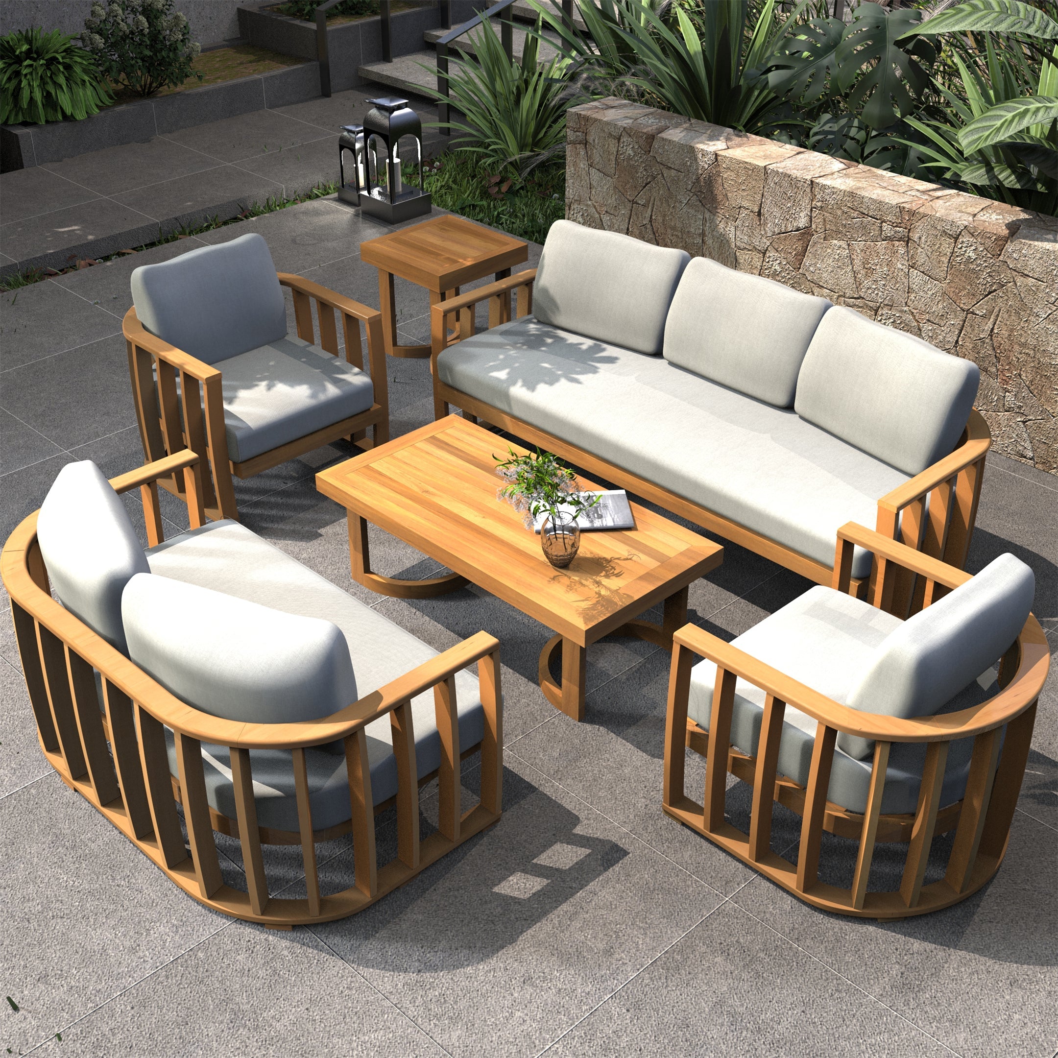 Rebel 7-Seat Wood Patio Conversation Set with Footstool (PAS-2521-3SC+2SC+SC*2+TA+ST)