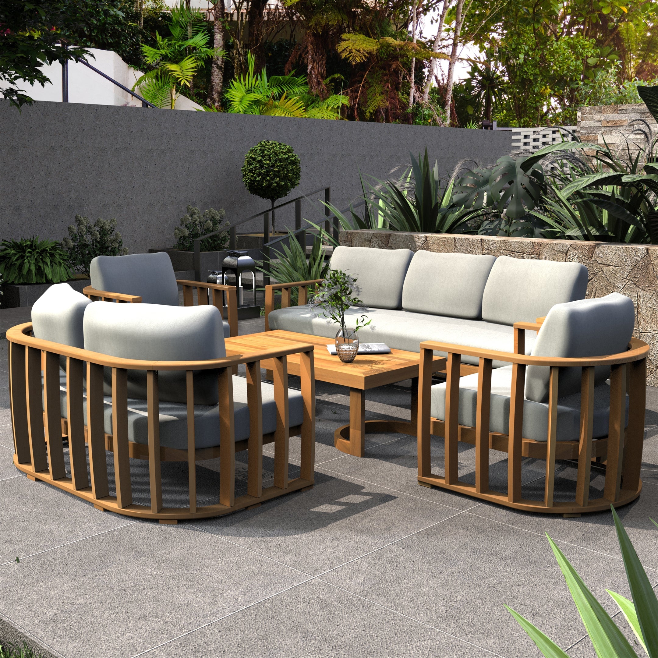 Rebel 7-Seat Wood Patio Conversation Set (PAS-2521-3SC+2SC+SC*2+TA)