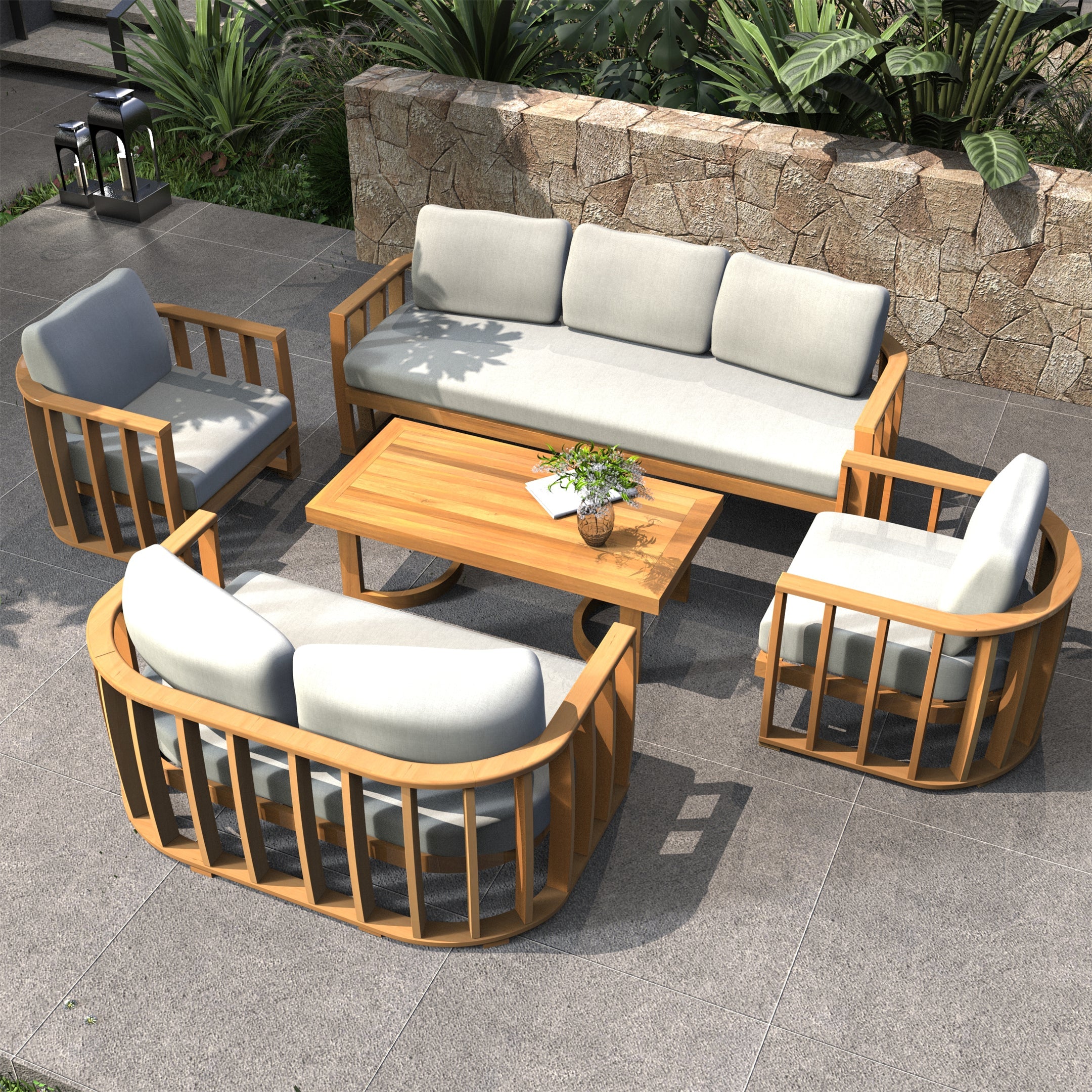 Rebel 7-Seat Wood Patio Conversation Set (PAS-2521-3SC+2SC+SC*2+TA)