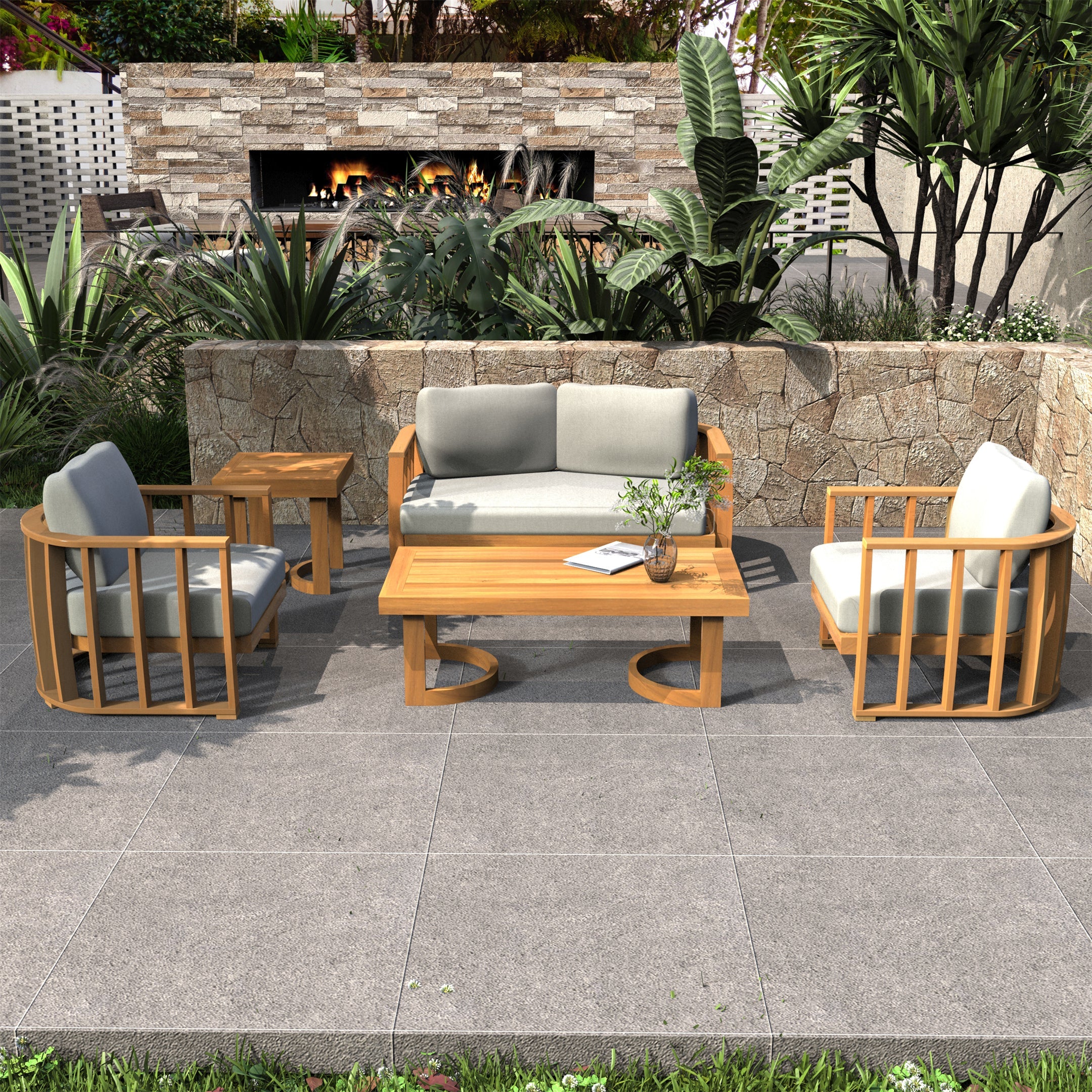 Rebel 4-Seat Wood Patio Conversation Set with Footstool(PAS-2521-2SC+SC*2+TA+ST)