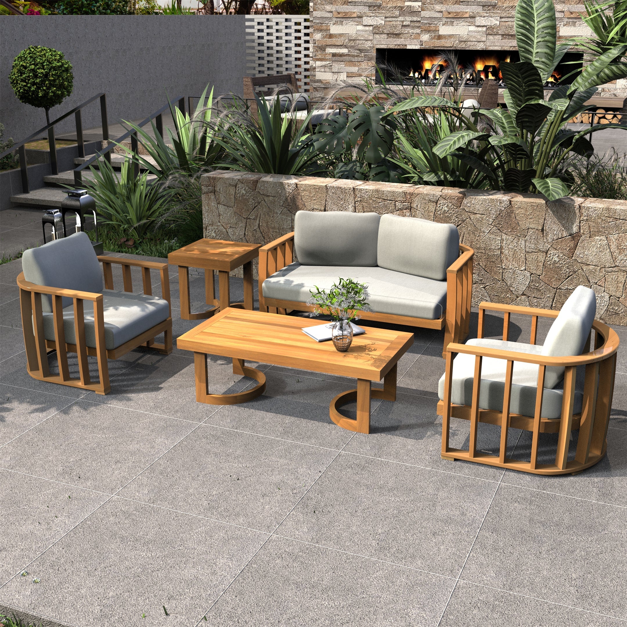Rebel 4-Seat Wood Patio Conversation Set with Footstool(PAS-2521-2SC+SC*2+TA+ST)