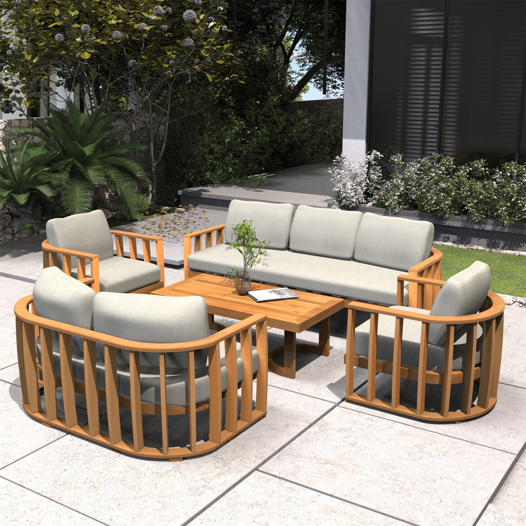 Rebel 7-Seat Wood Patio Conversation Set (PAS-2521-3SC+2SC+SC*2+TA)