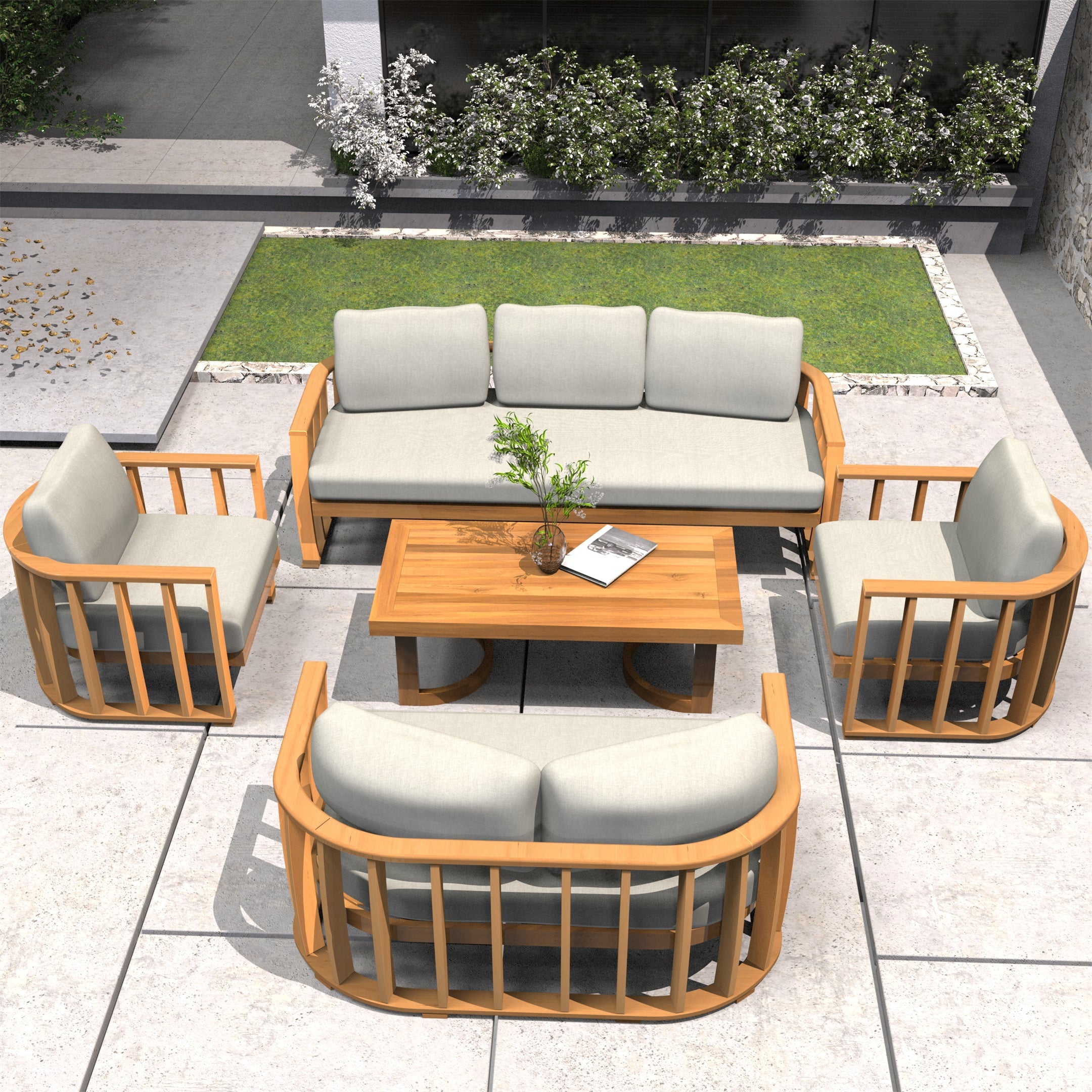 Rebel 7-Seat Wood Patio Conversation Set (PAS-2521-3SC+2SC+SC*2+TA)