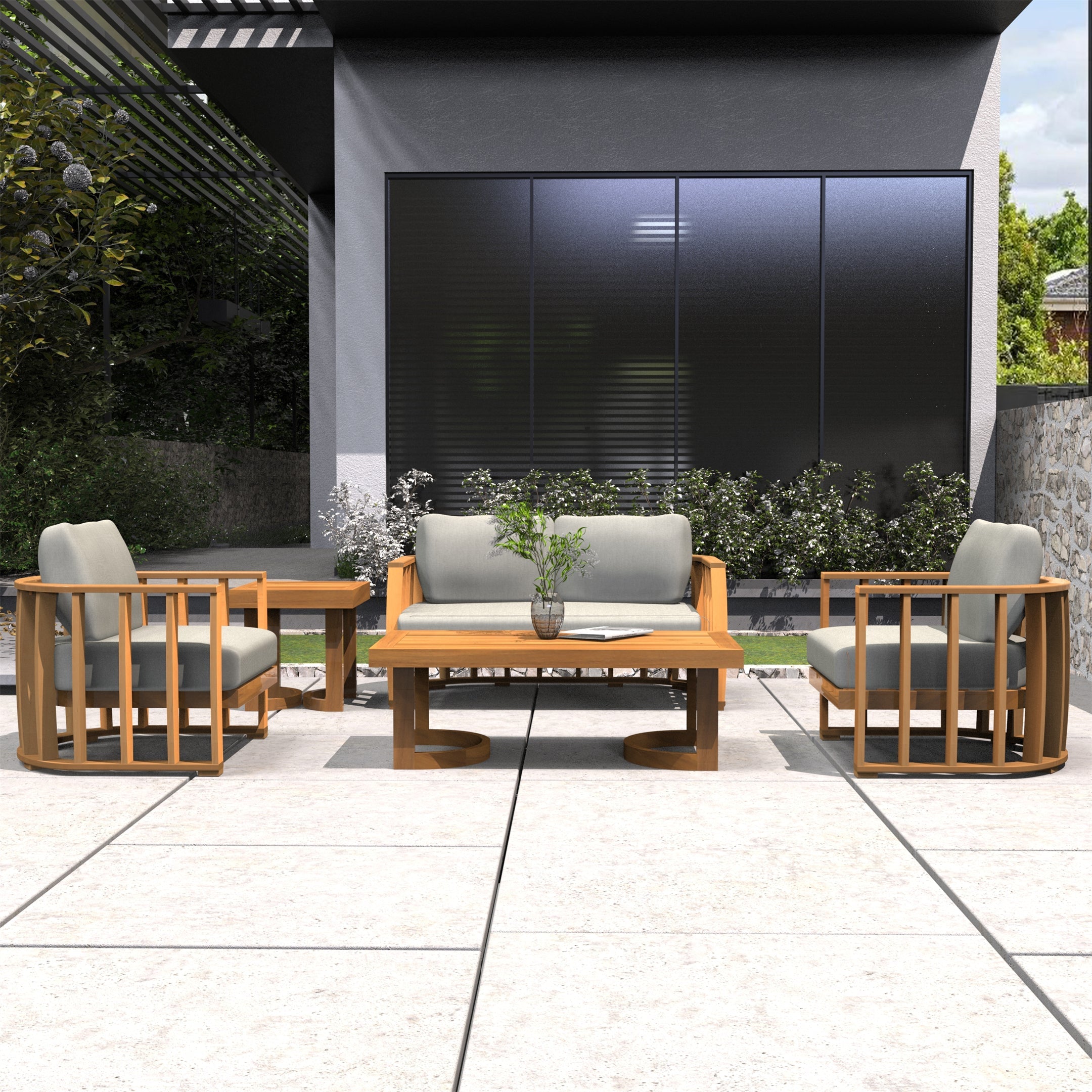 Rebel 4-Seat Wood Patio Conversation Set with Footstool(PAS-2521-2SC+SC*2+TA+ST)