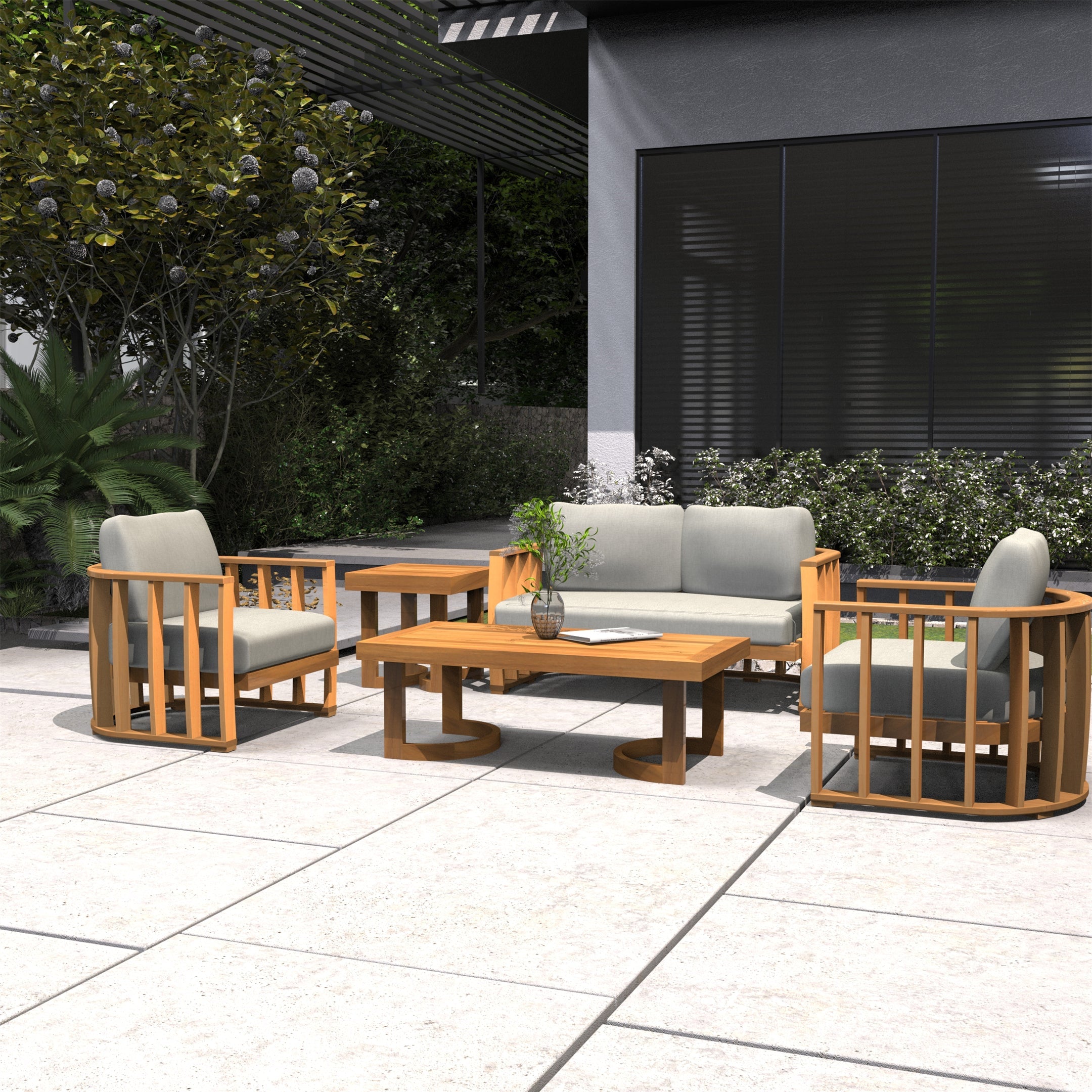 Rebel 4-Seat Wood Patio Conversation Set with Footstool(PAS-2521-2SC+SC*2+TA+ST)