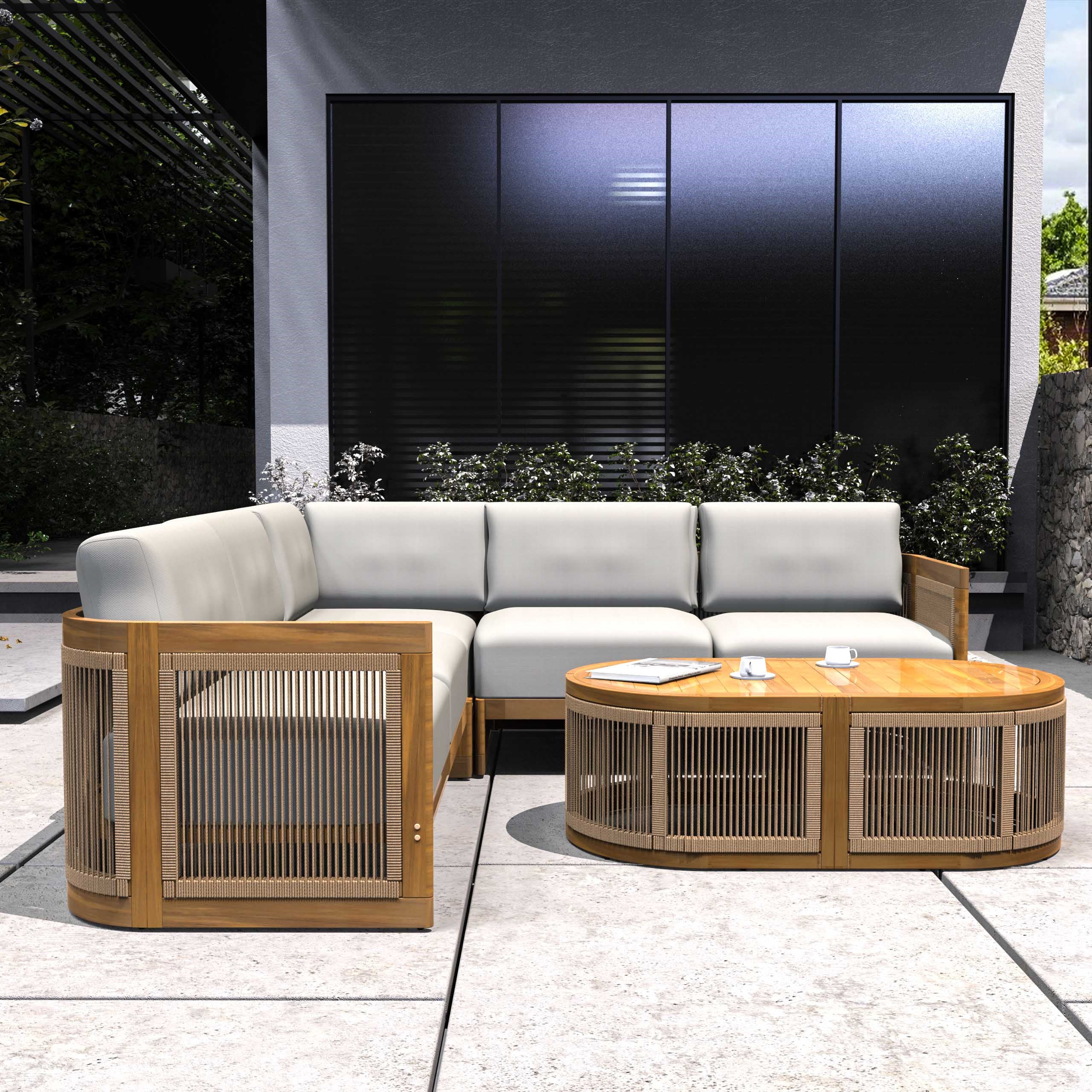 L-Shape 4-Seat Solid Acacia Modular Sofa Set with Oval Coffee Table (PAS-2516-LS+CS+RS+OTA)