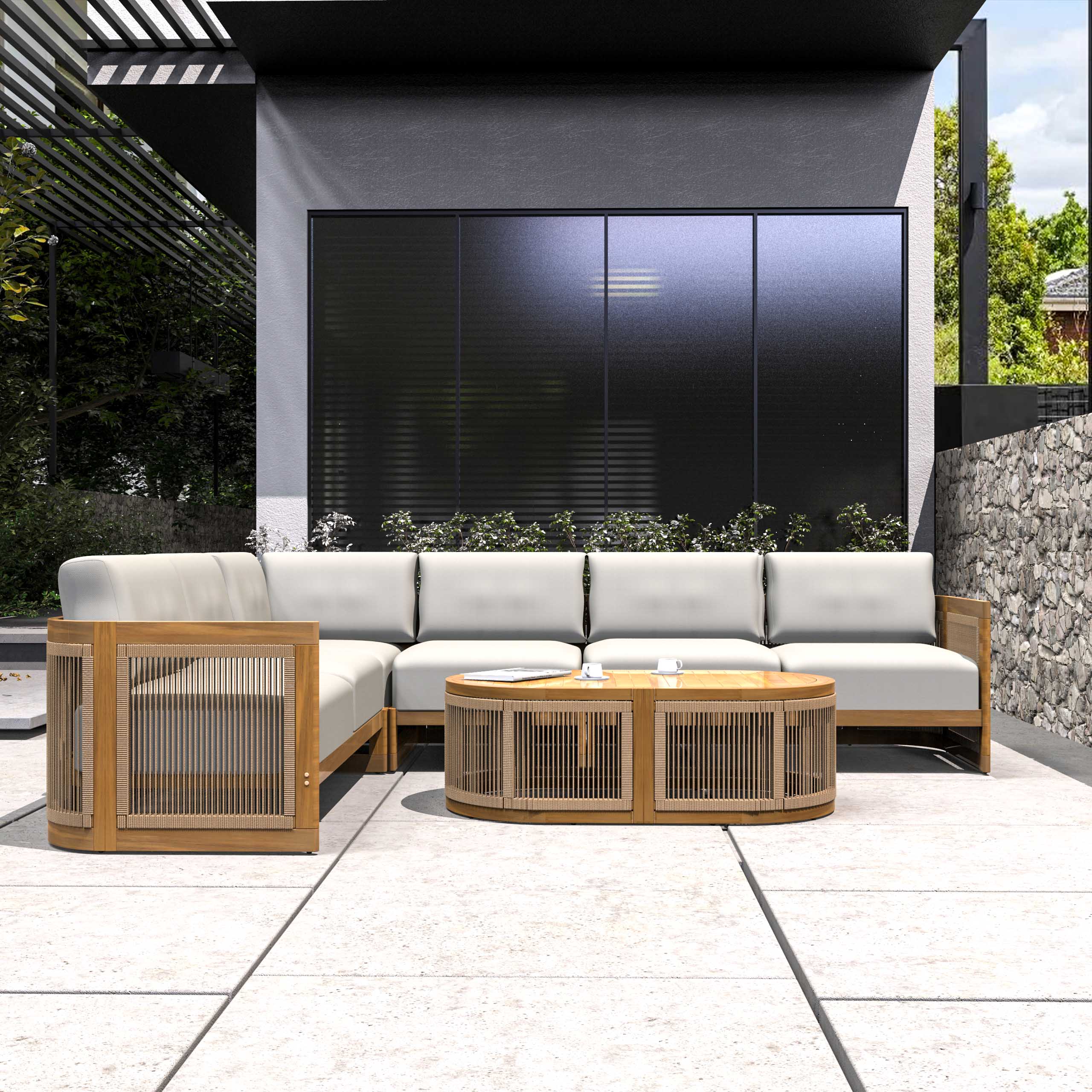 L-Shape 5-Seat Solid Acacia Modular Sofa Set with Cushions ¨C  Lounge Configuration (PAS-2516-LS+CS+MS+RS+OTA)