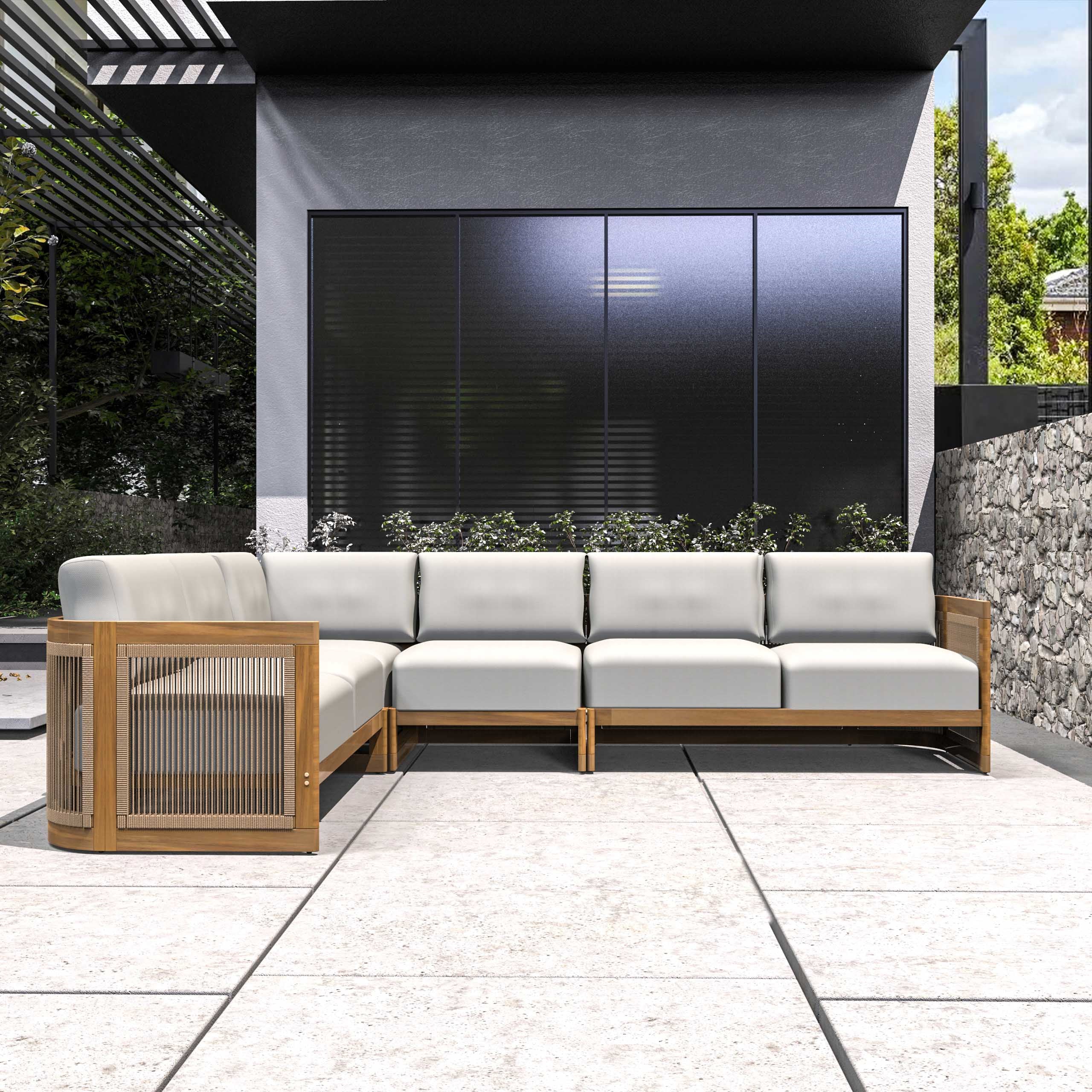 L-Shape 5 seat Solid Acacia Modular Sofa Set with Cushions ¨C Lounge Configuration (PAS-2516-LS+CS+MS+RS)