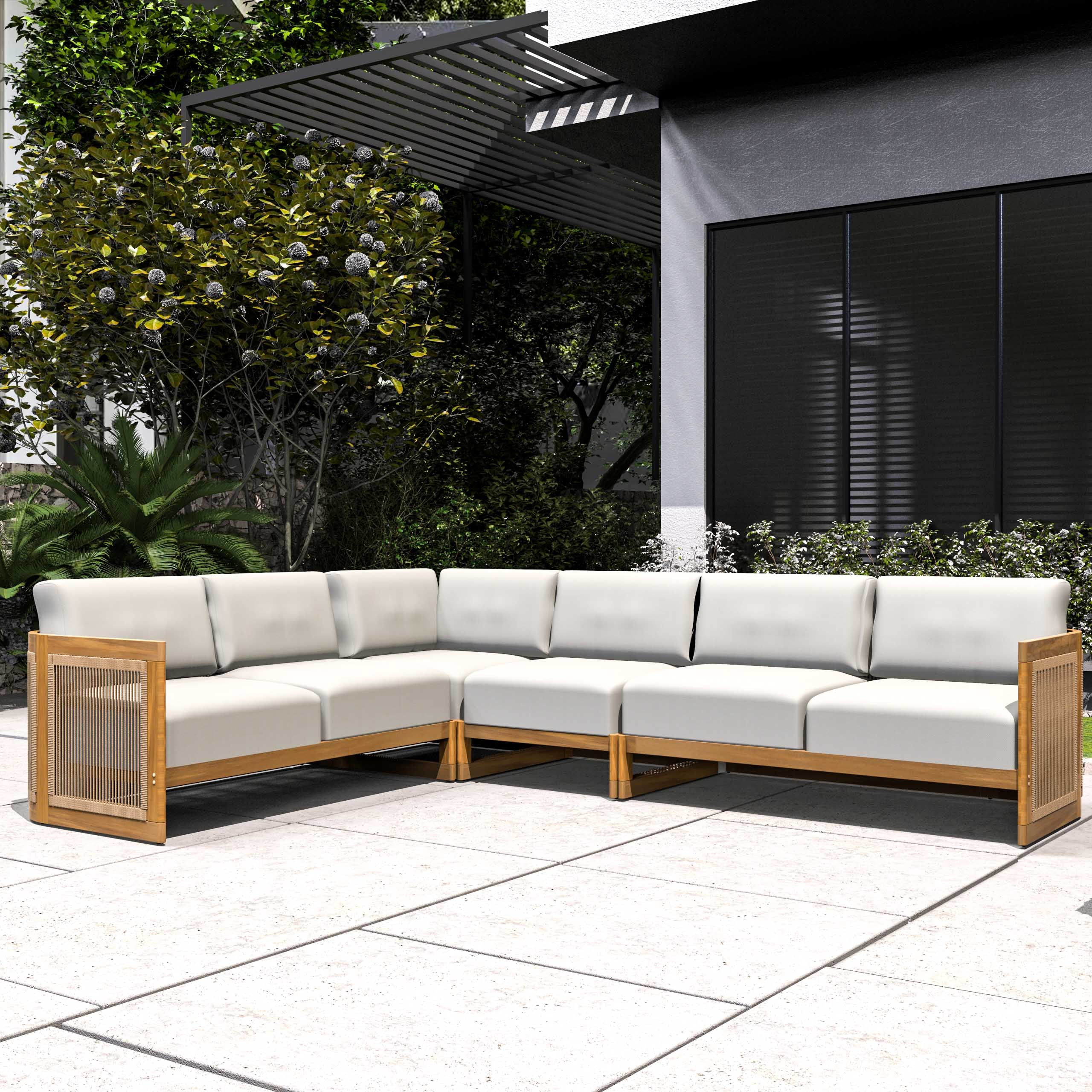 L-Shape 5 seat Solid Acacia Modular Sofa Set with Cushions ¨C Lounge Configuration (PAS-2516-LS+CS+MS+RS)