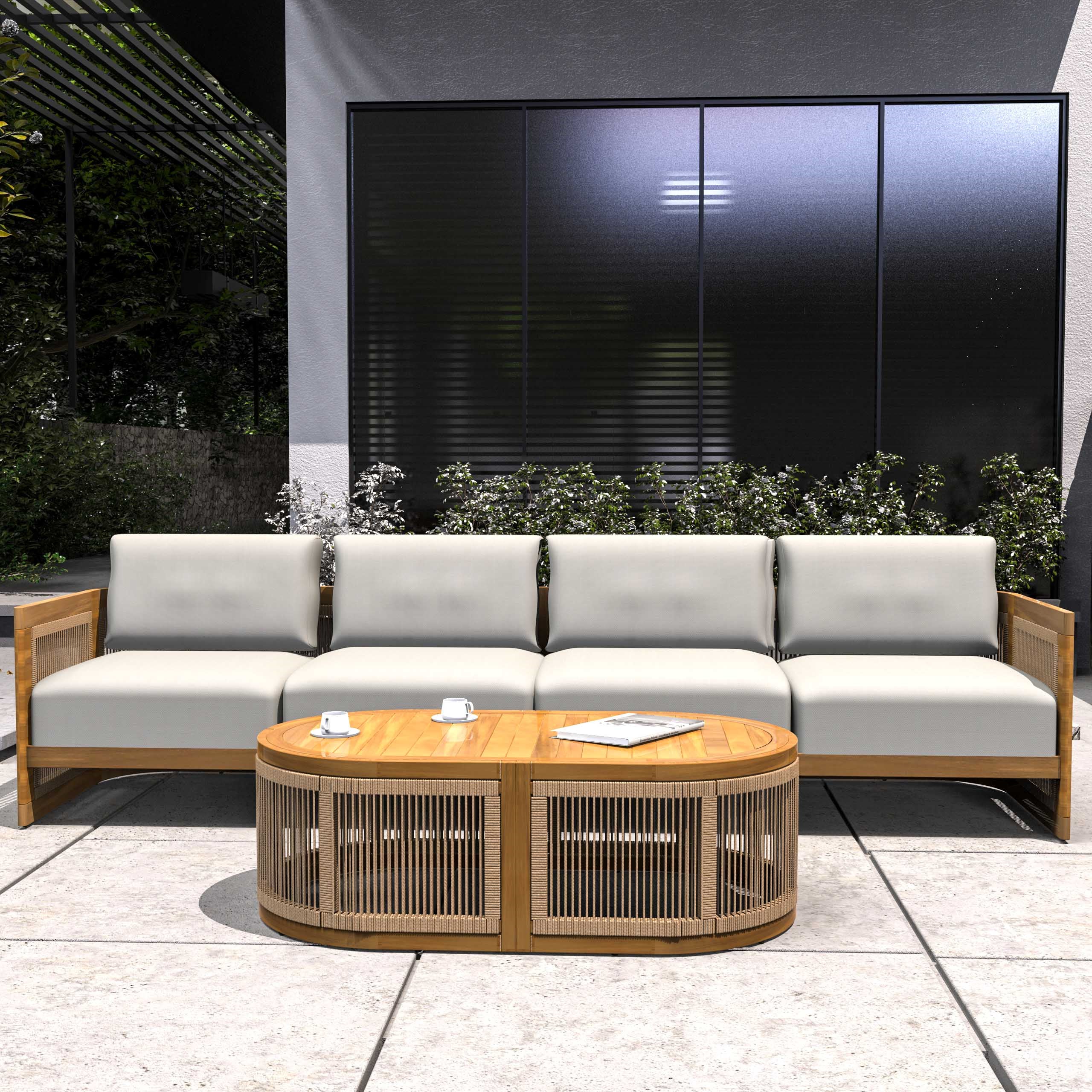 Solid Acacia 4-Seat Sofa with Oval Coffee Table (PAS-2516-LS+RS+OTA)