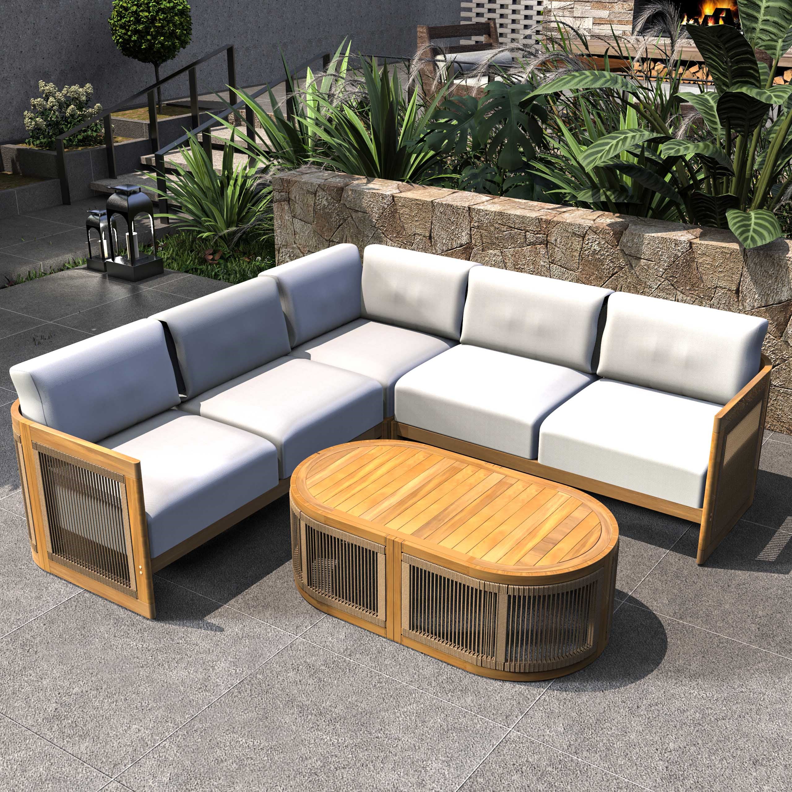 L-Shape 4-Seat Solid Acacia Modular Sofa Set with Oval Coffee Table (PAS-2516-LS+CS+RS+OTA)