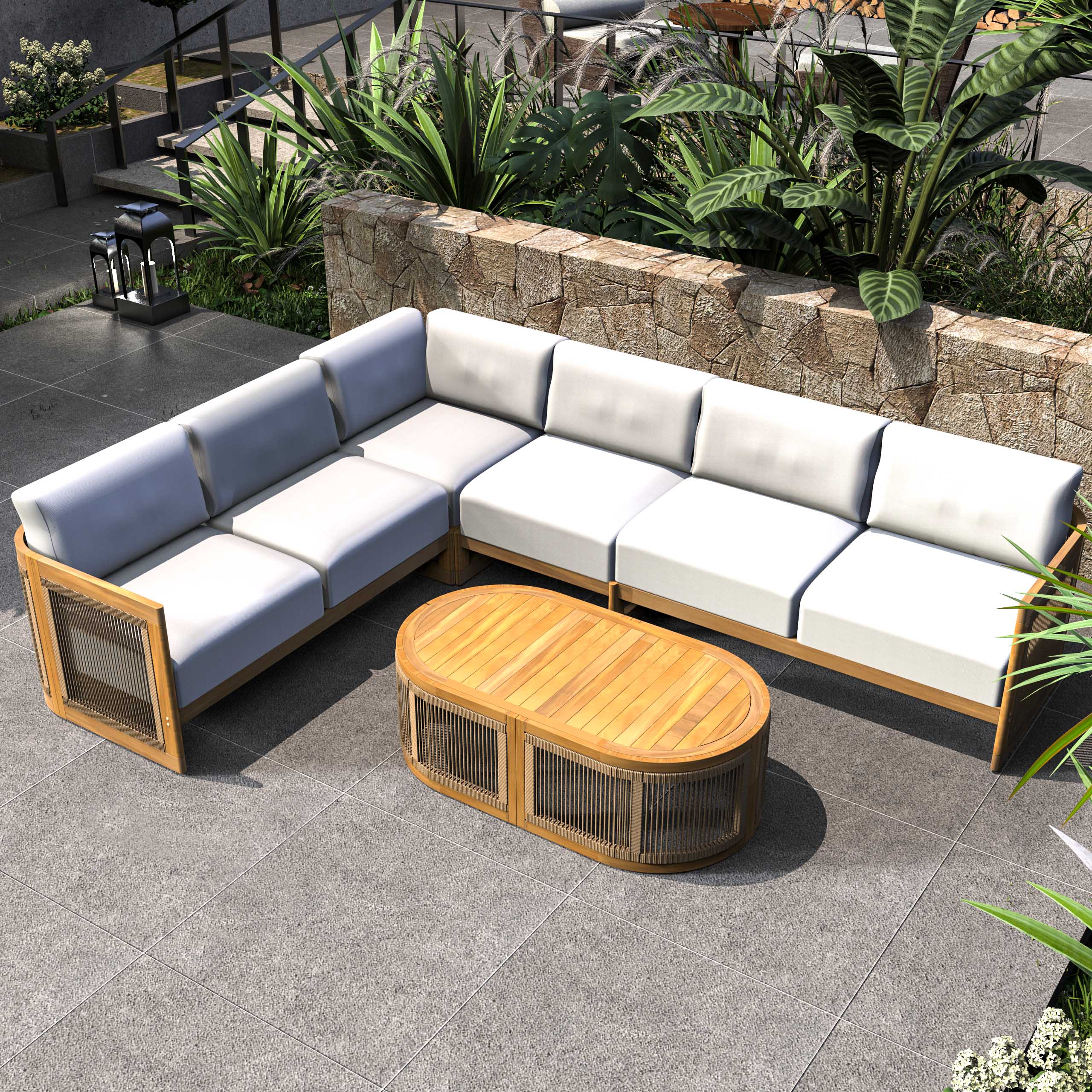 L-Shape 5-Seat Solid Acacia Modular Sofa Set with Cushions ¨C  Lounge Configuration (PAS-2516-LS+CS+MS+RS+OTA)