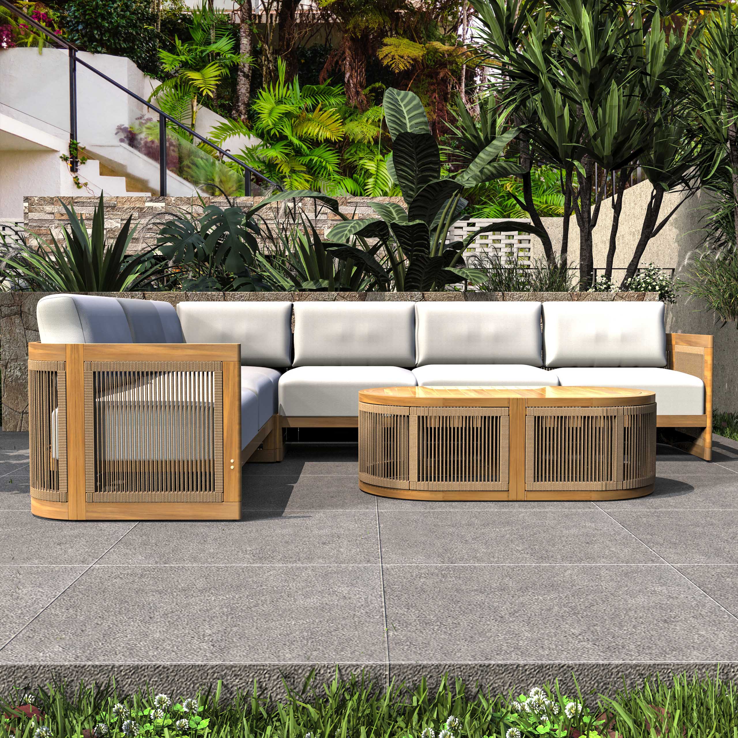 L-Shape 5-Seat Solid Acacia Modular Sofa Set with Cushions ¨C  Lounge Configuration (PAS-2516-LS+CS+MS+RS+OTA)