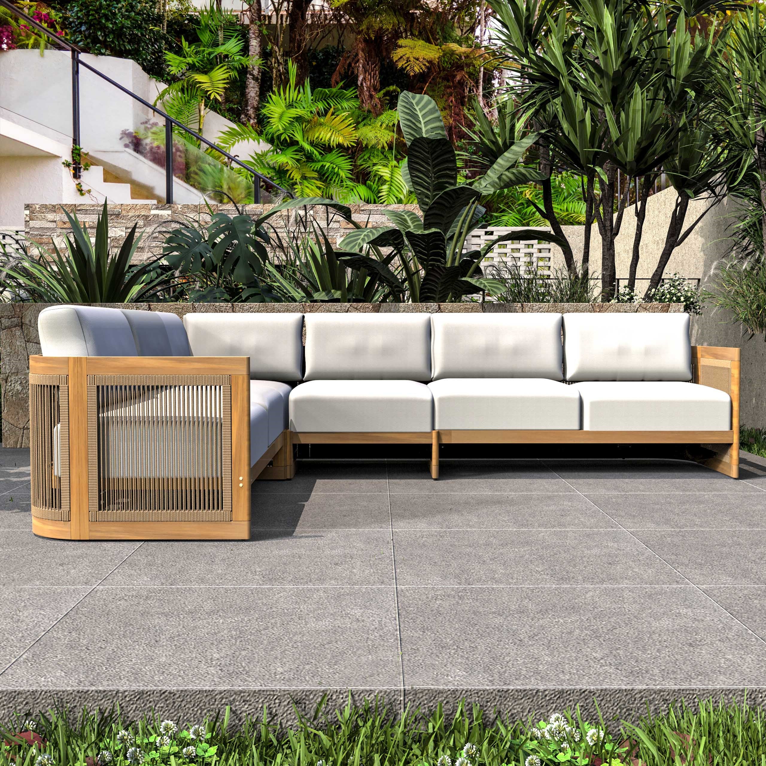 L-Shape 5 seat Solid Acacia Modular Sofa Set with Cushions ¨C Lounge Configuration (PAS-2516-LS+CS+MS+RS)