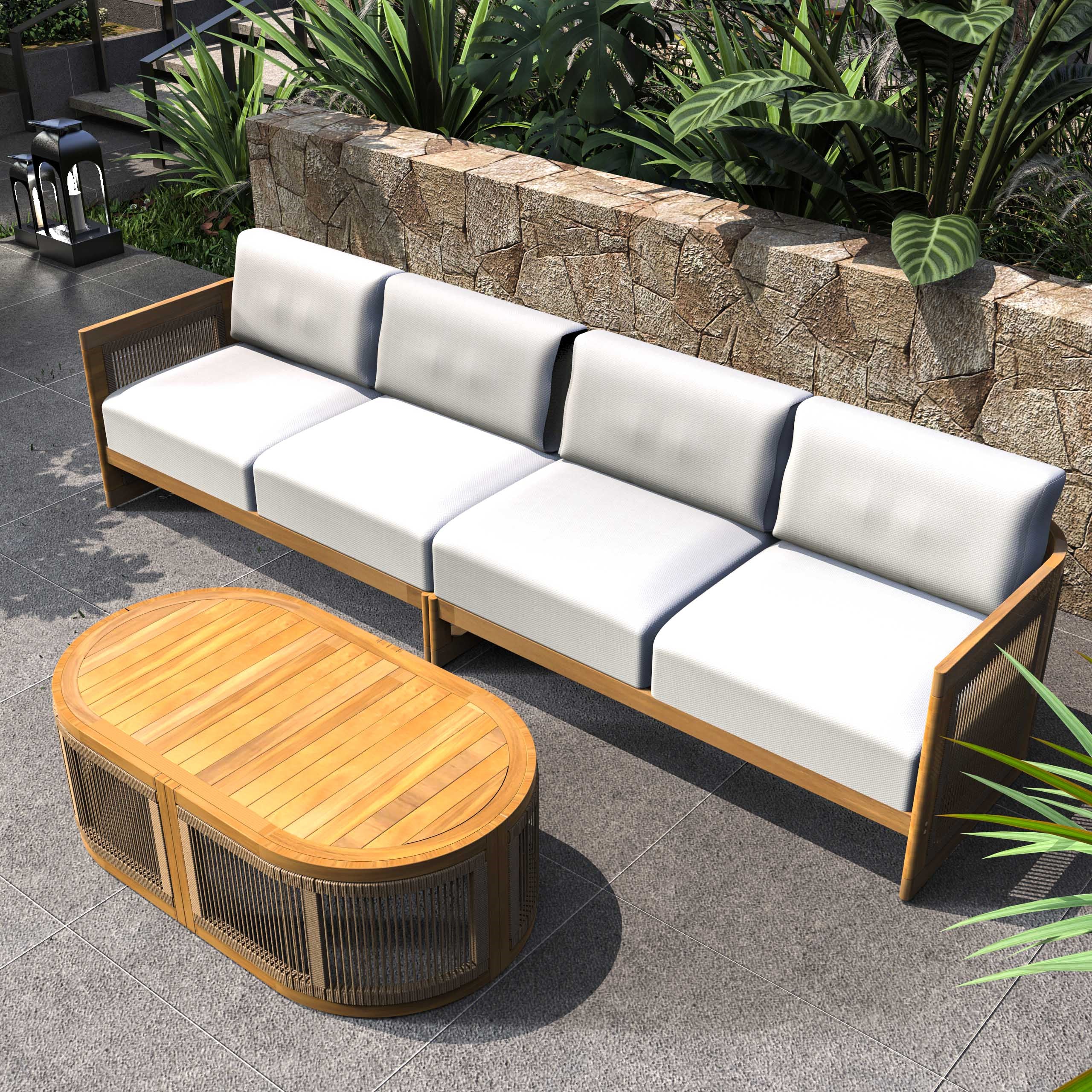 Solid Acacia 4-Seat Sofa with Oval Coffee Table (PAS-2516-LS+RS+OTA)