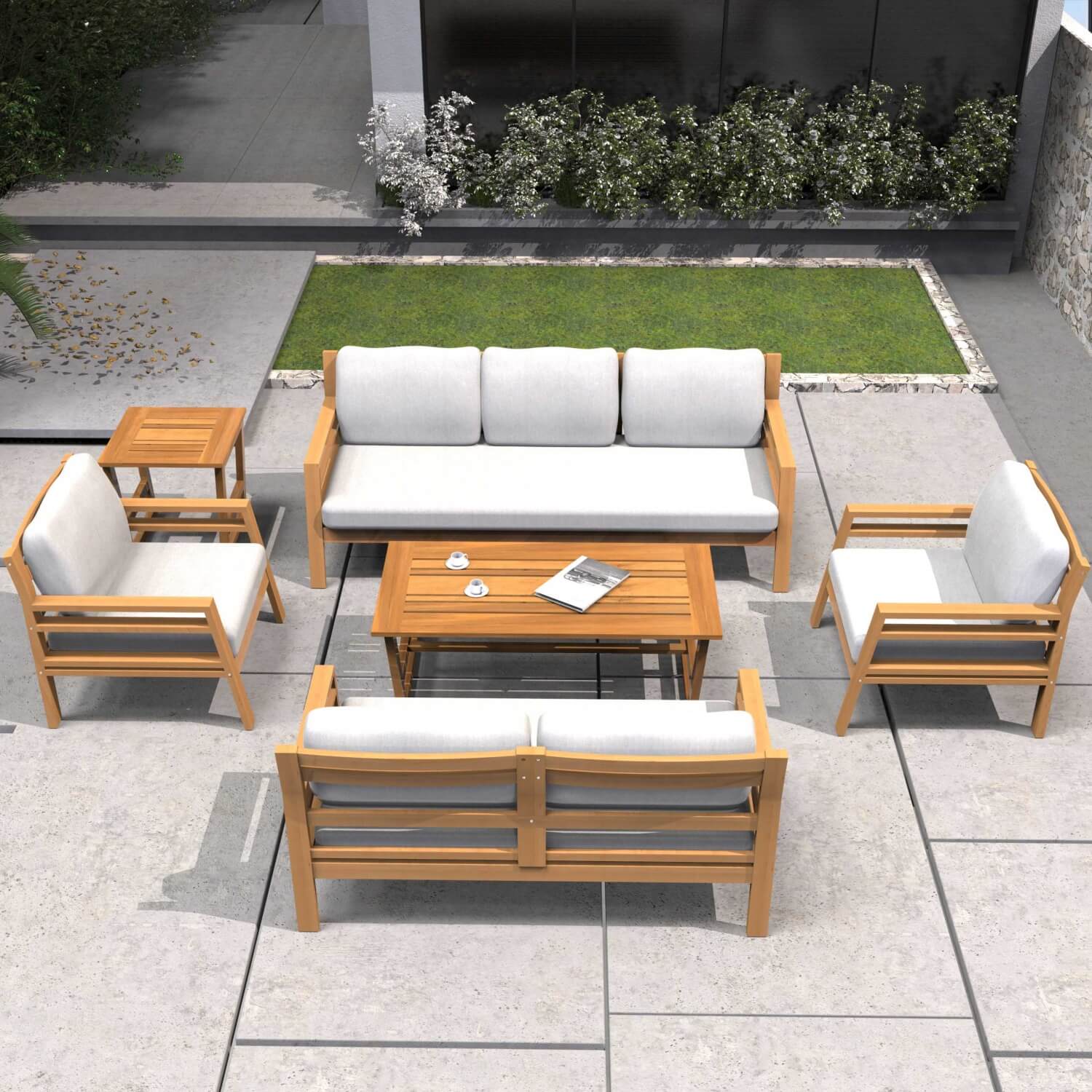 7-Seater Acacia Wood Outdoor Sofa Set – Solid Wood Garden Lounge with Coffee Table and Side Table