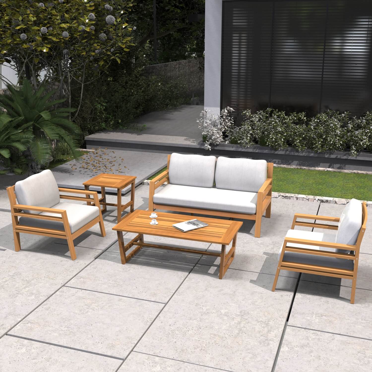 4-Seater Acacia Wood Outdoor Sofa Set – Garden Lounge with Coffee Table and Side Table