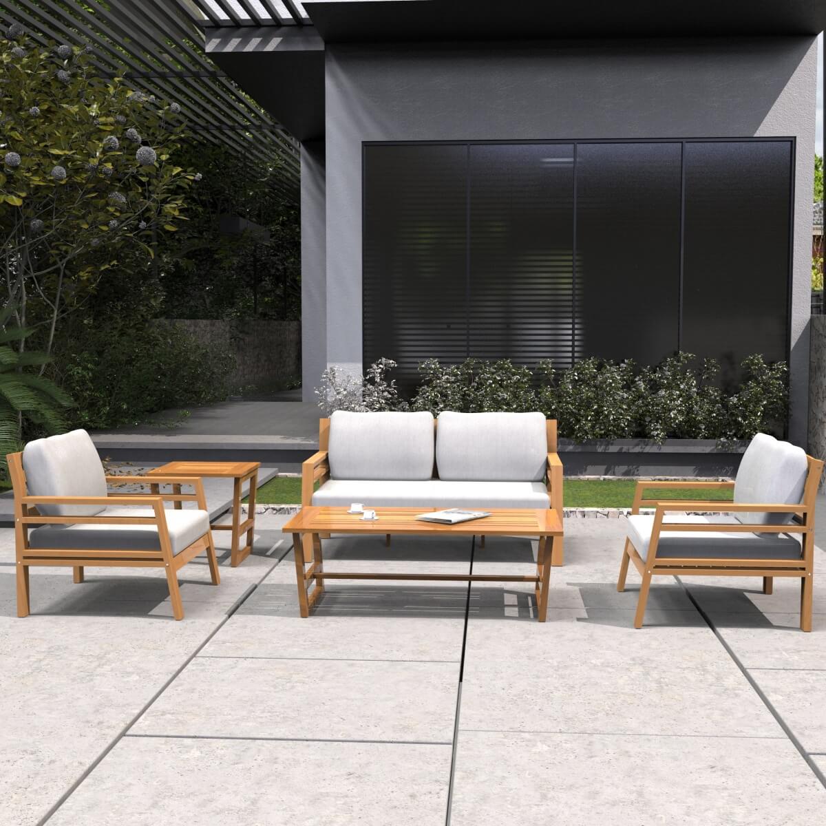4-Seater Acacia Wood Outdoor Sofa Set – Garden Lounge with Coffee Table and Side Table