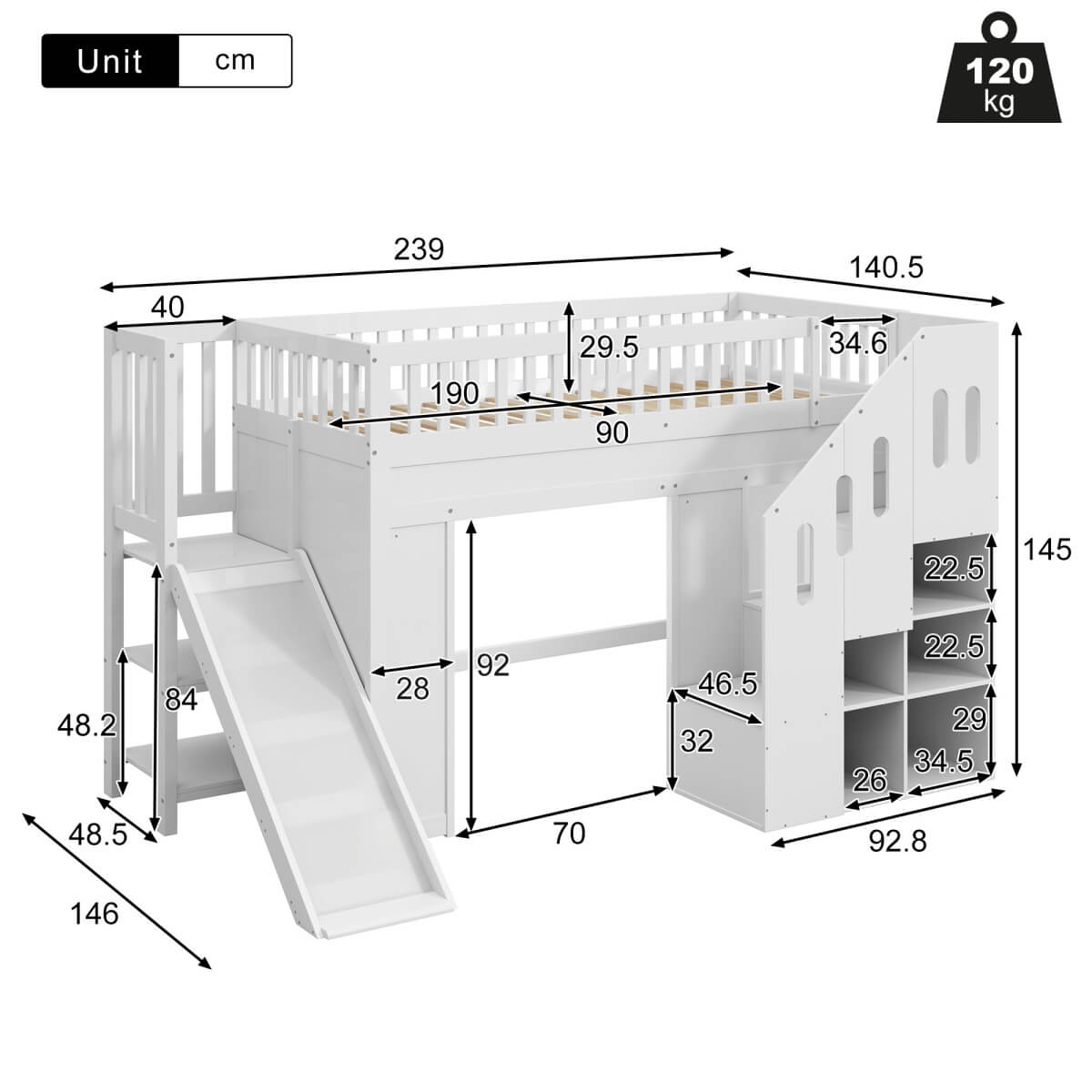3ft Kids Loft Bed with Storage Stairs & LED Lights - Solid Wood Cabin Bed, White