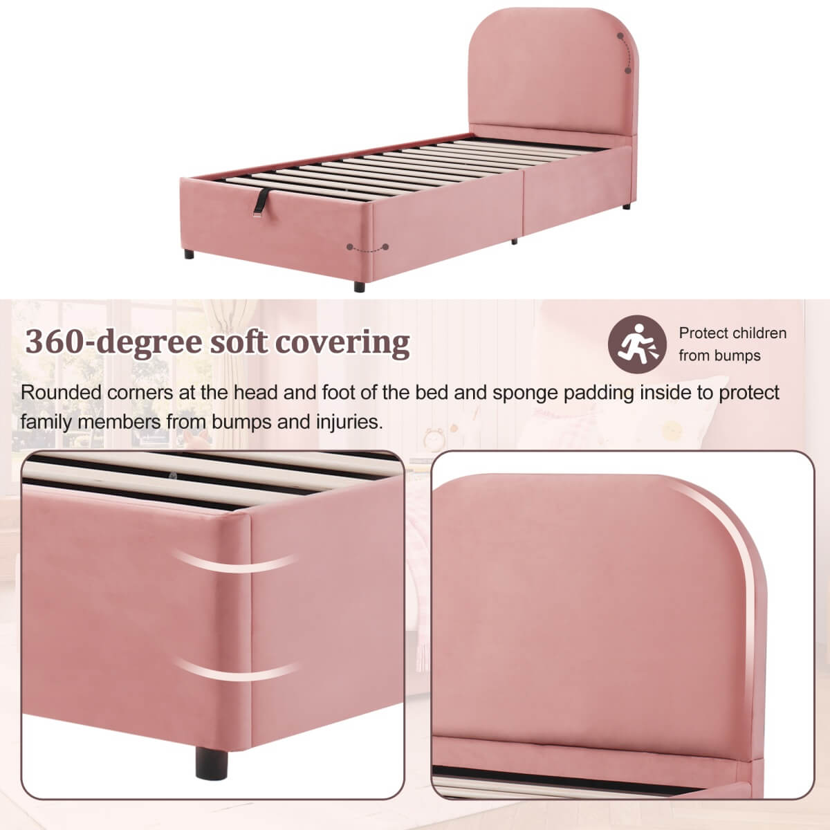 3FT Single Upholstered Velvet Bed – Hydraulic Storage with Headboard